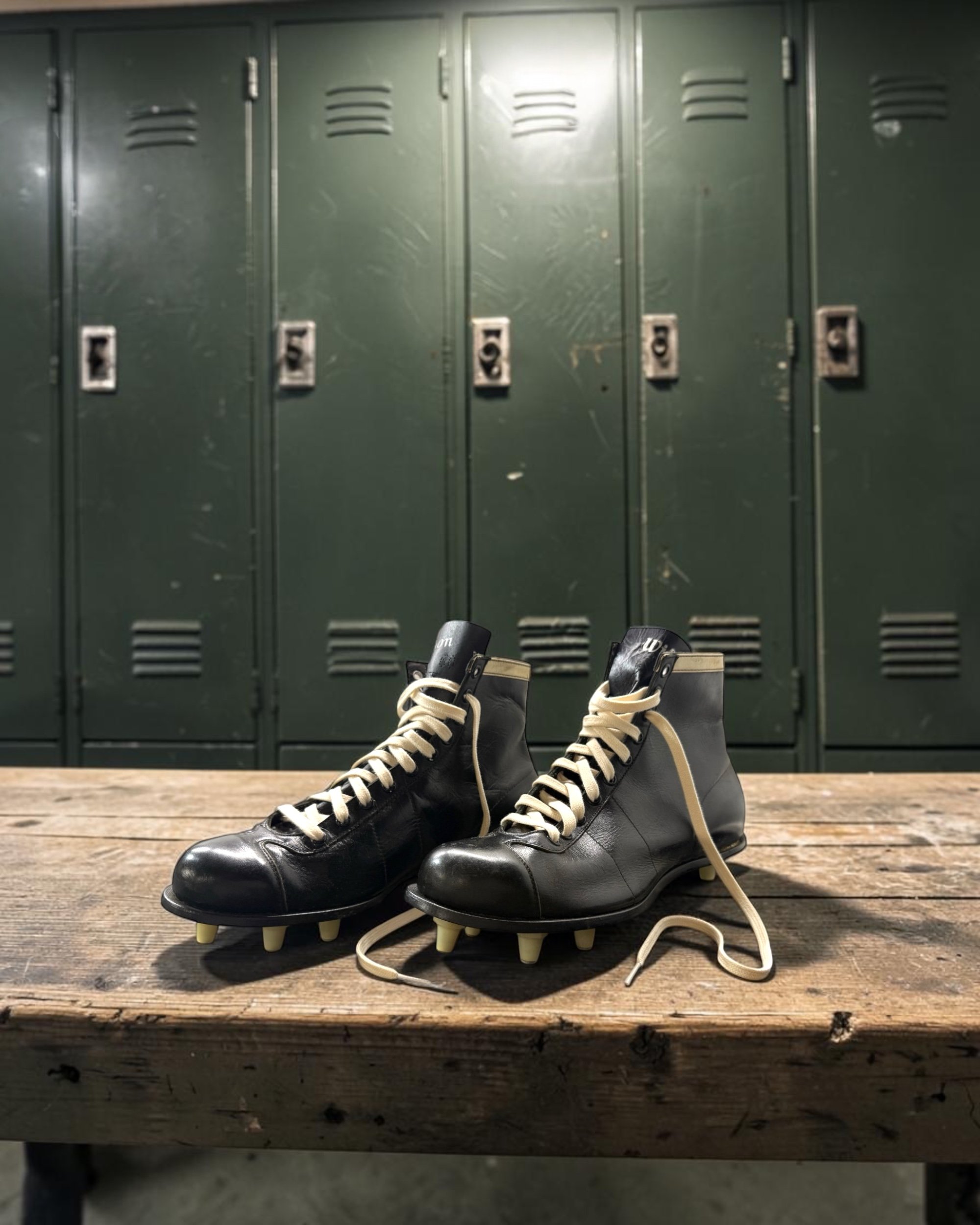 vintage black leather football cleats by Wilson NOS - Modern Artifact DecorPhotoroom_20260815_180046.JPG