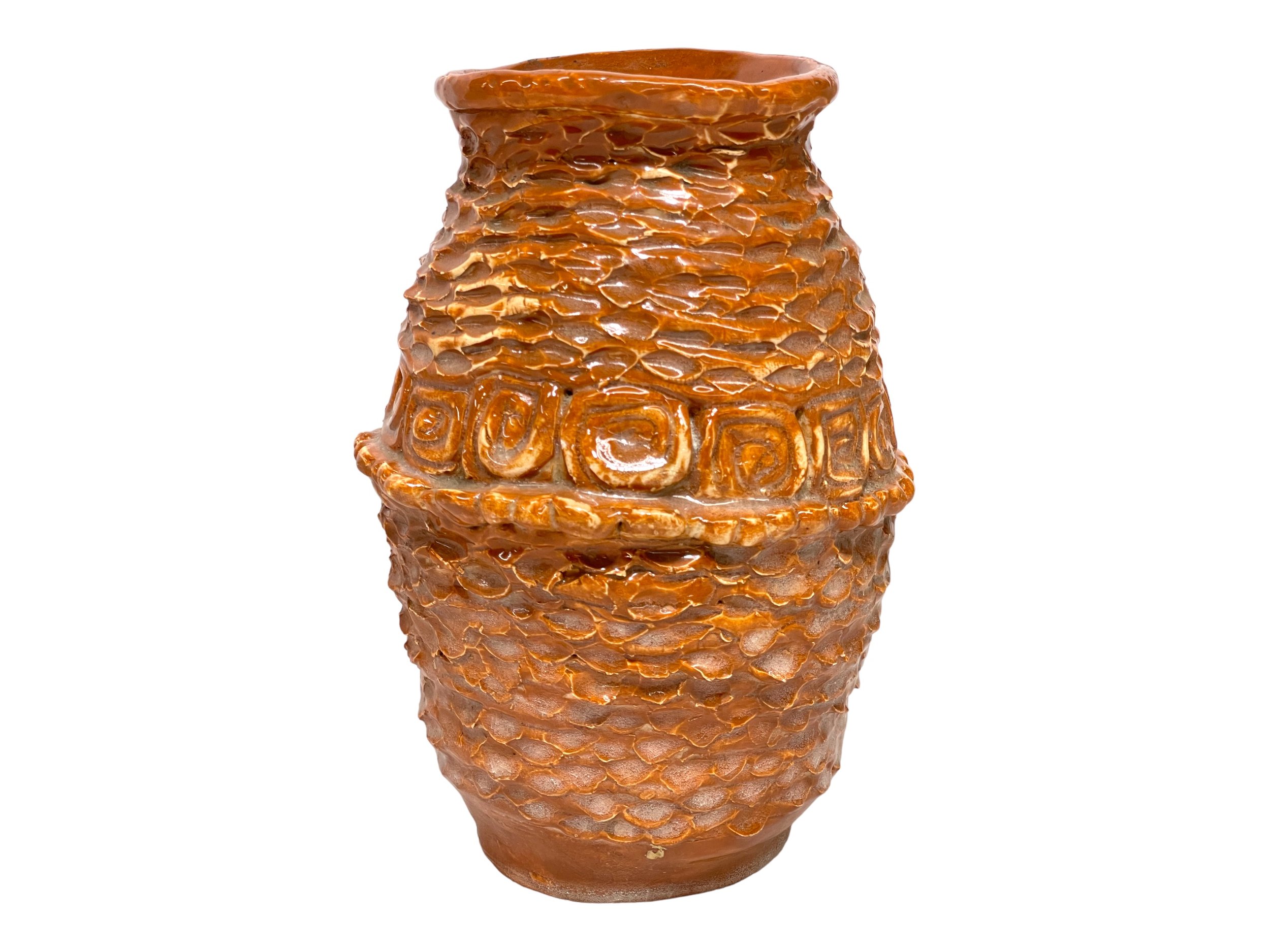 Vintage glazed studio pottery vase, geometric southwestern design, earth tone color, 1970s signed and dated by artist, unique design