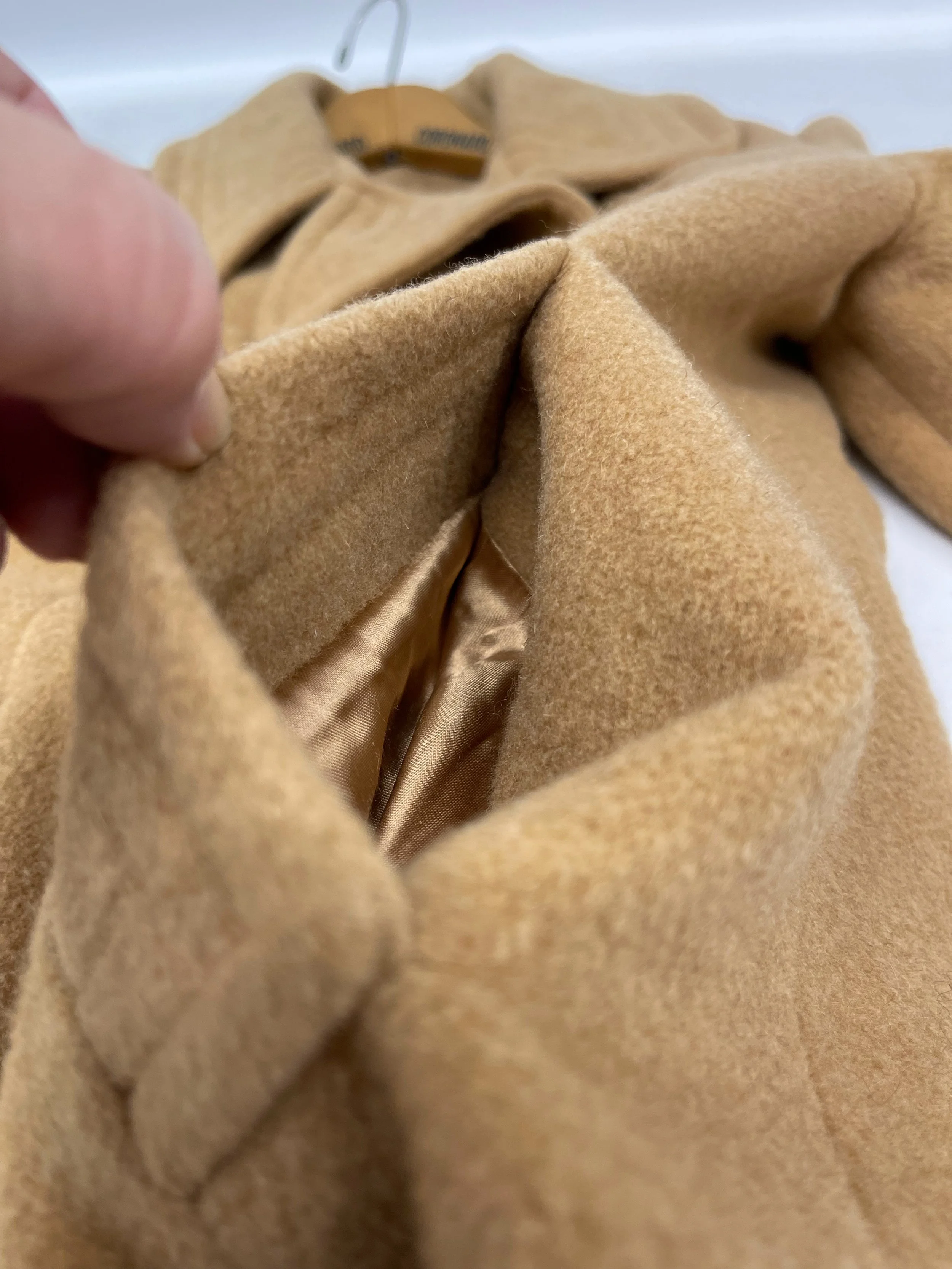 Vintage womens fully lined double breasted button front camel hair coat by JJ ODonnell for Montgomery Ward.