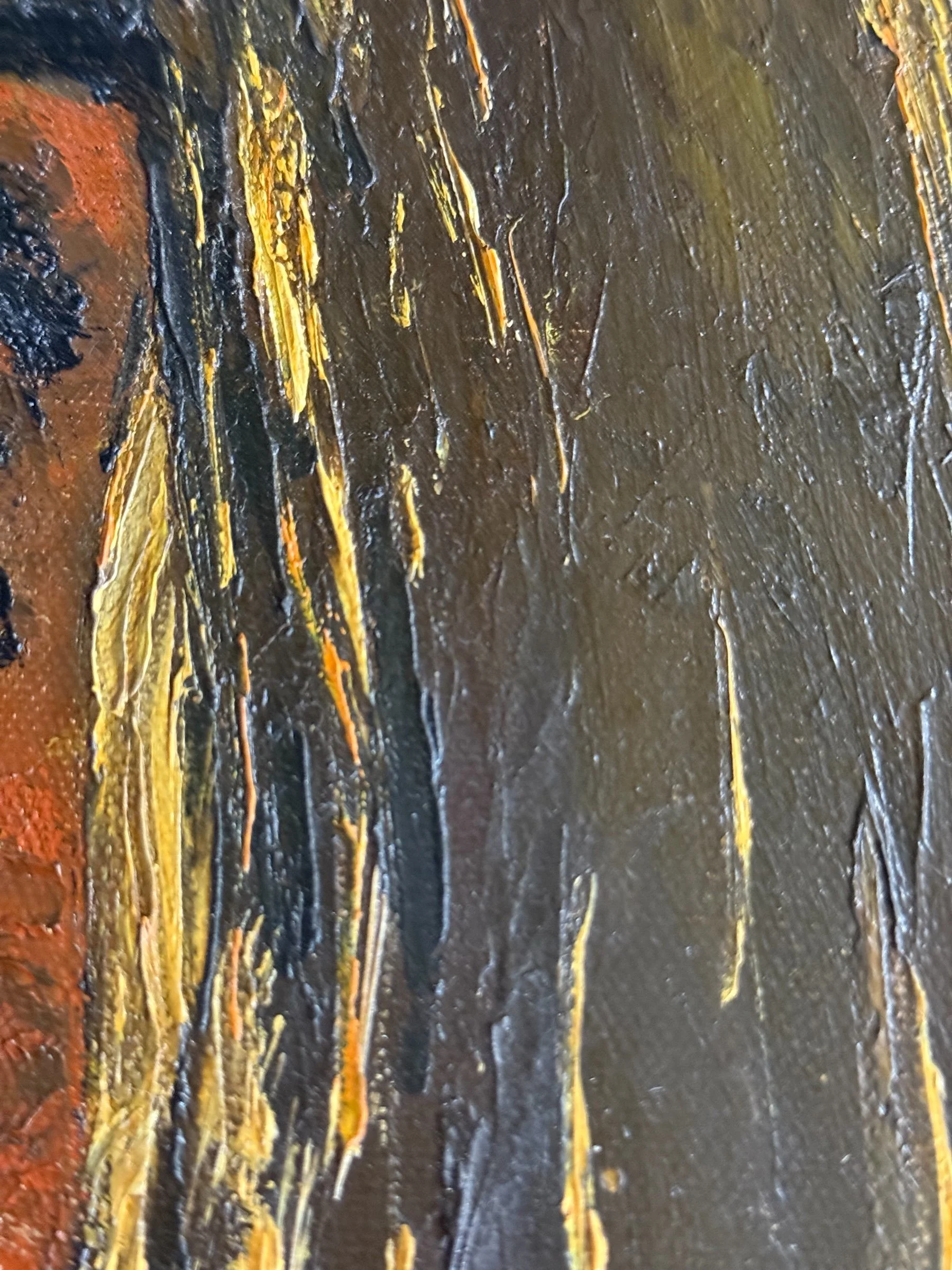 Close-up of tree silhouette against sunset sky showing impasto brushstrokes on a vintage oil painting