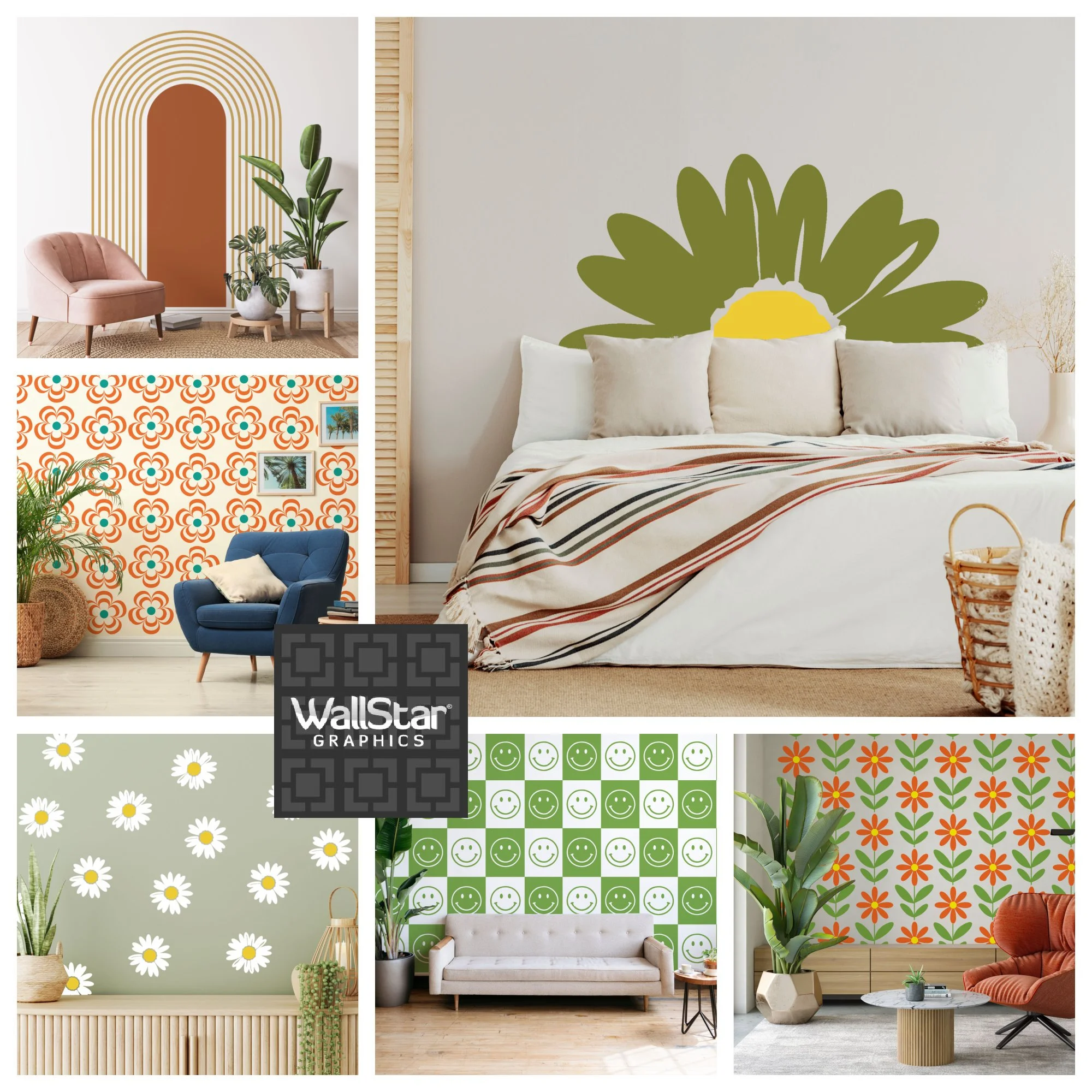 A collage of boho modern inspired wall decals by Wall Star Graphics, featuring arches, geometric shapes, half circles, and headboard decals.