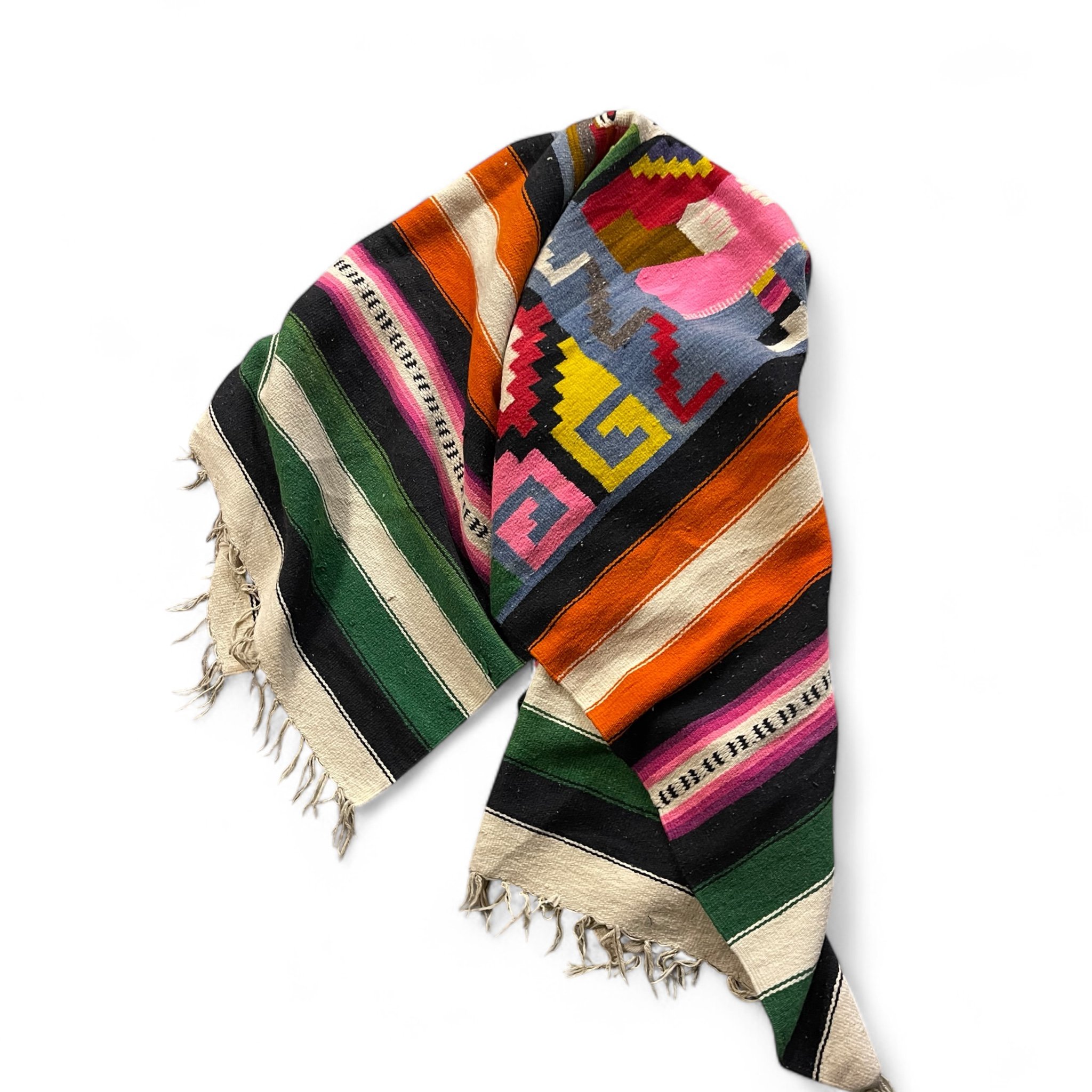 Vintage colorful handwoven Mexican blanket, 47x81, Southwestern geometric pattern, Mayan, Aztec, tribal, Kilim style textile. Perfect for southwestern or eclectic home interiors.
