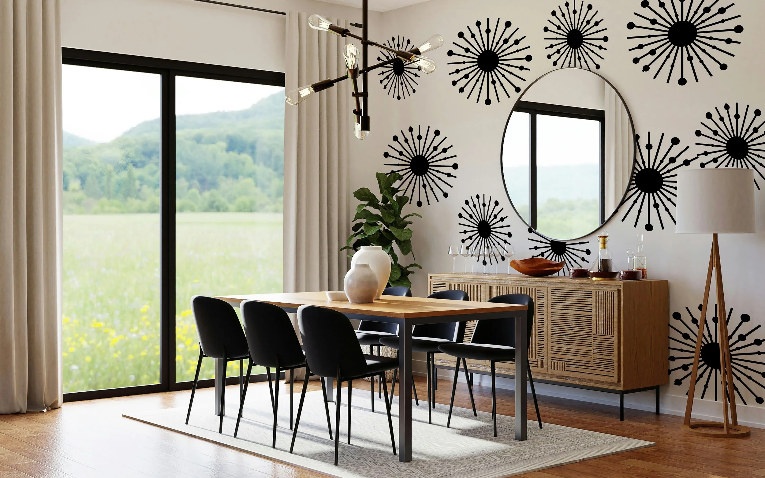 Atomic starburst wall decals shown in black displayed on the wall of a mid century modern dining room