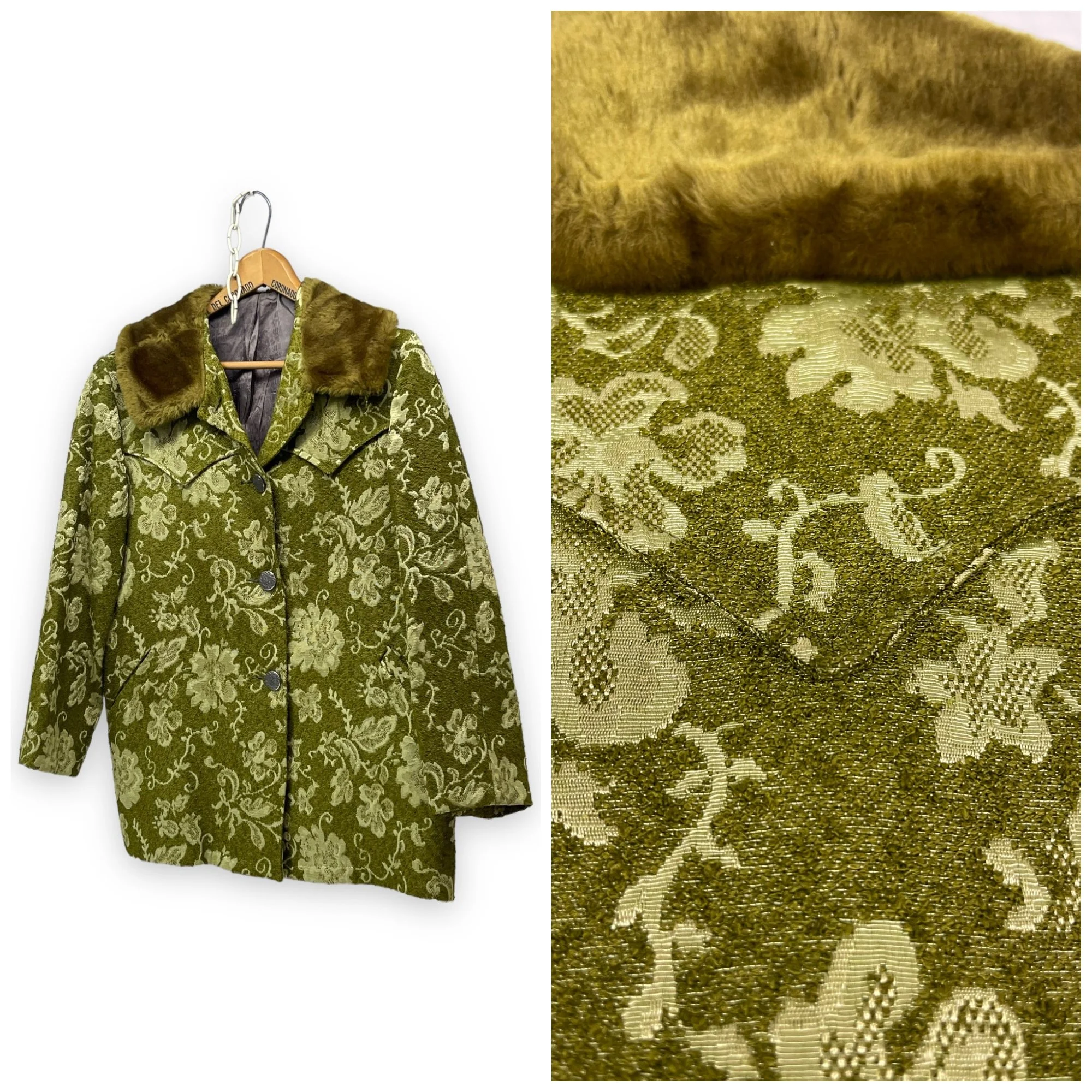 Vintage 1960s women's Westwear jacket in green floral tapestry, classic ranch style with button front closure, fully lined, front pockets, and western yoke detailing.