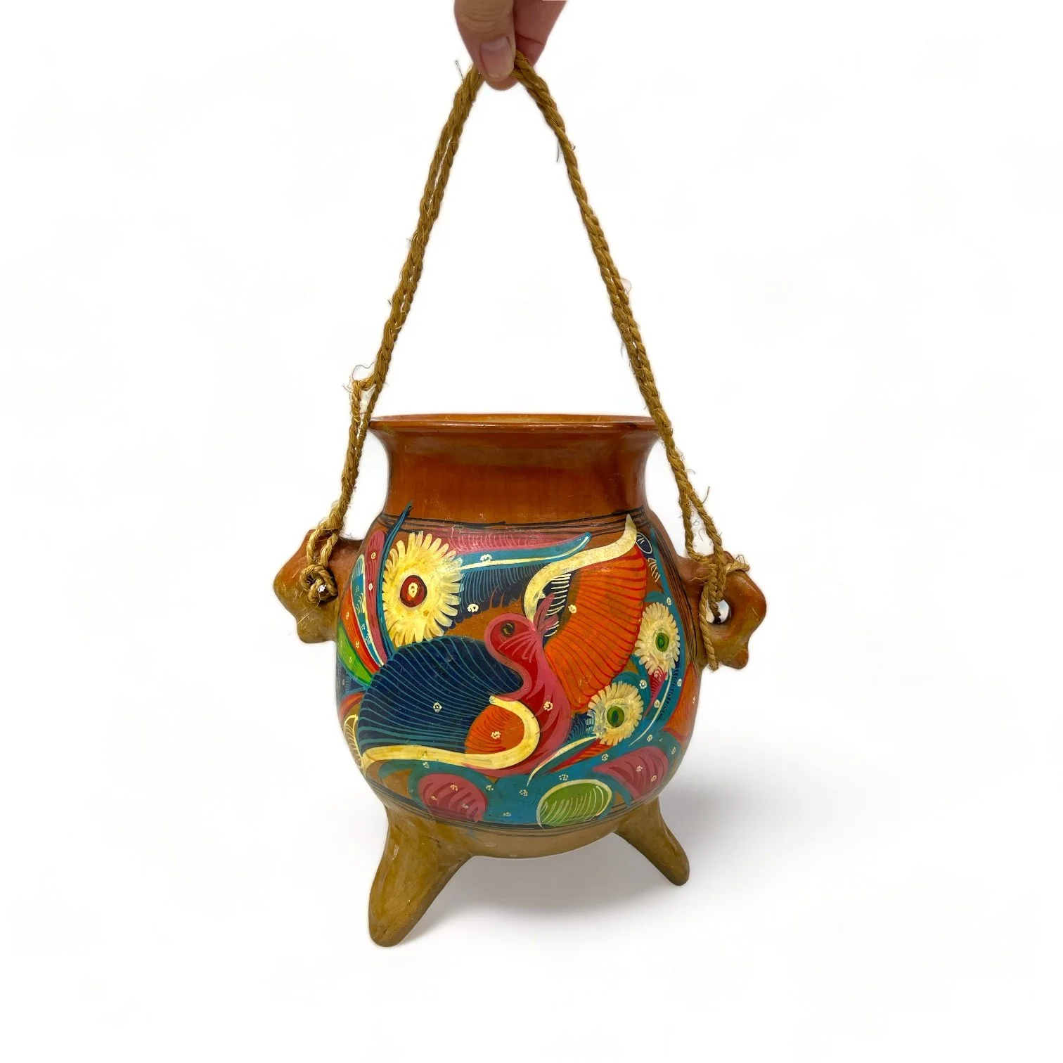 Vintage Mexican terracotta hanging pot hand painted with colorful birds and flowers. Folk art pottery from Acapulco.