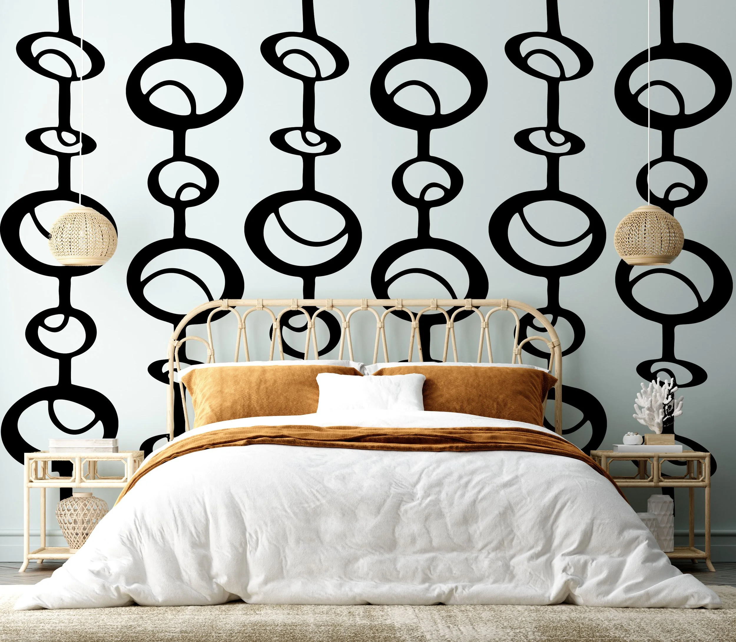 Stylish contemporary removable vinyl wall decal featuring a geometric oval chain pattern with cutouts. Perfect for modern and retro bedroom or living room decor.