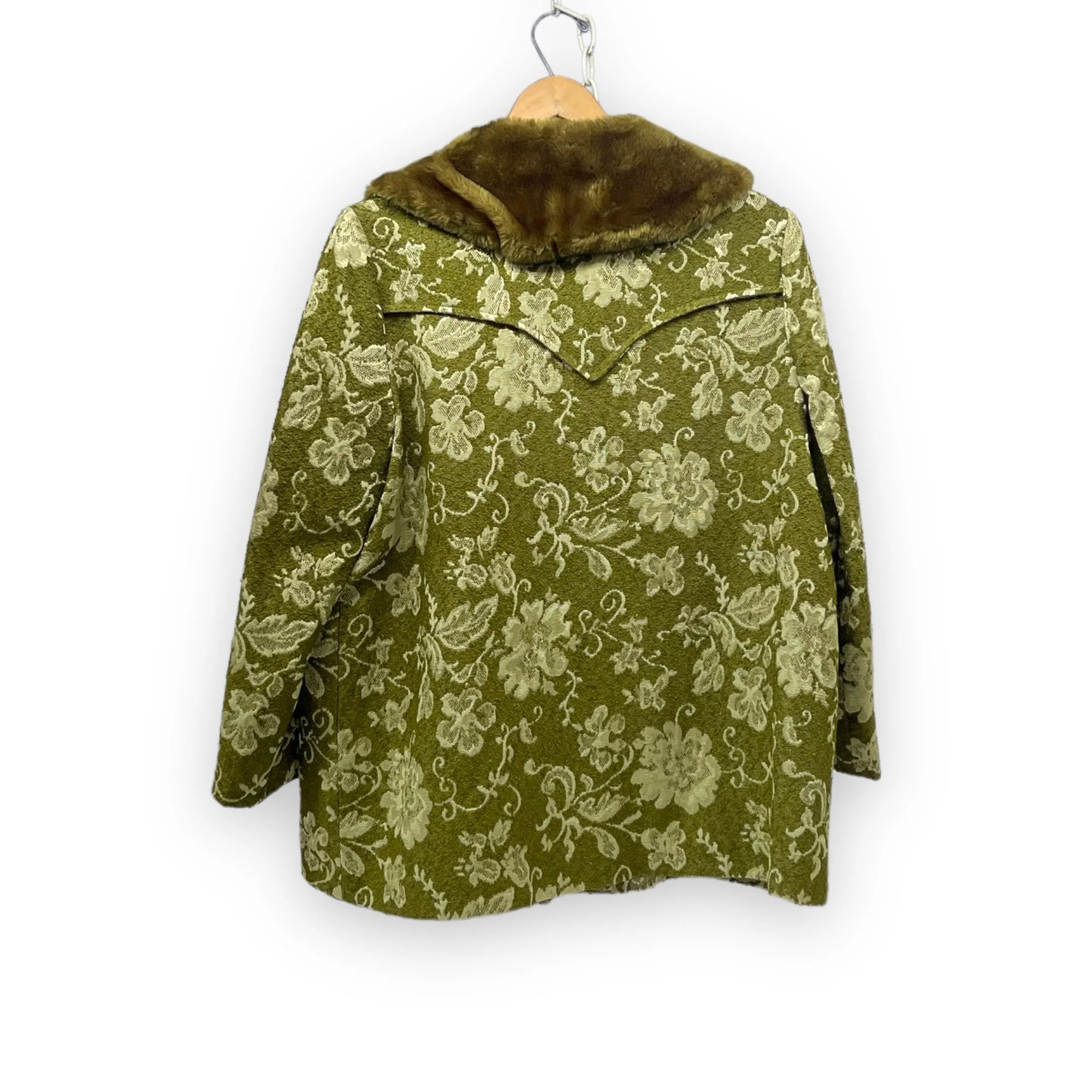 Vintage 1960s women's Westwear jacket in green floral tapestry, classic ranch style with button front closure, fully lined, front pockets, and western yoke detailing.