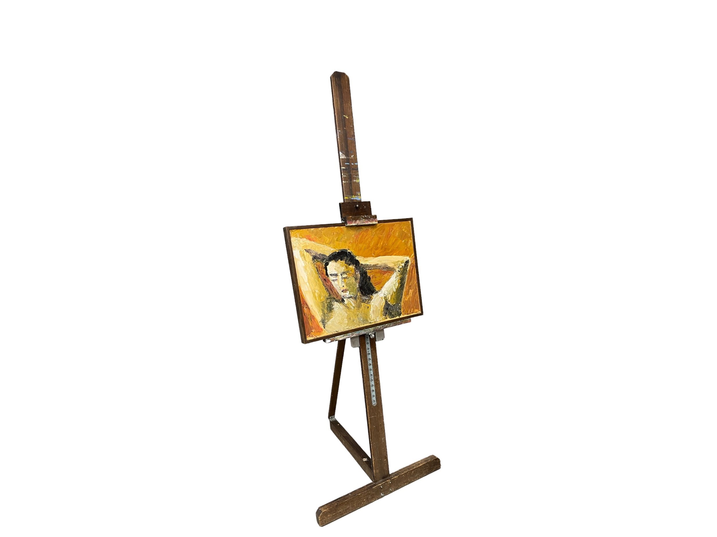 Large vintage wooden floor easel displaying a framed piece of vintage art