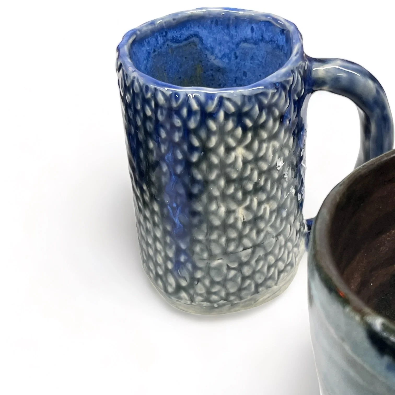 Vintage 7 piece handmade studio pottery collection of vases, bowls, mug in blue, turquoise and brown.