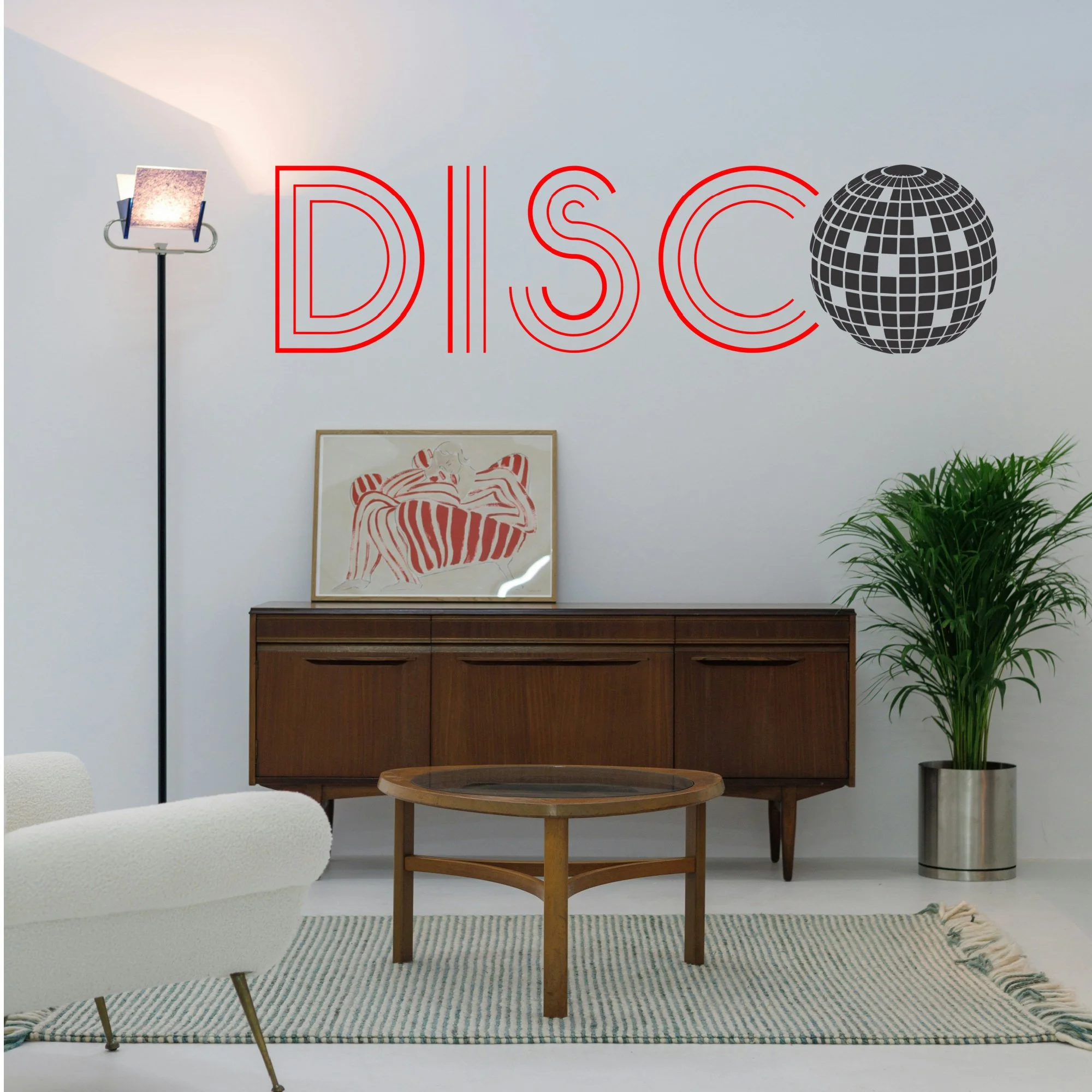 Retros 70s style disco ball wall decal, available in a variety of colors, two sizes, removable and tenter friendly, perfect for disco themed party wall decoration, or dorm decor.