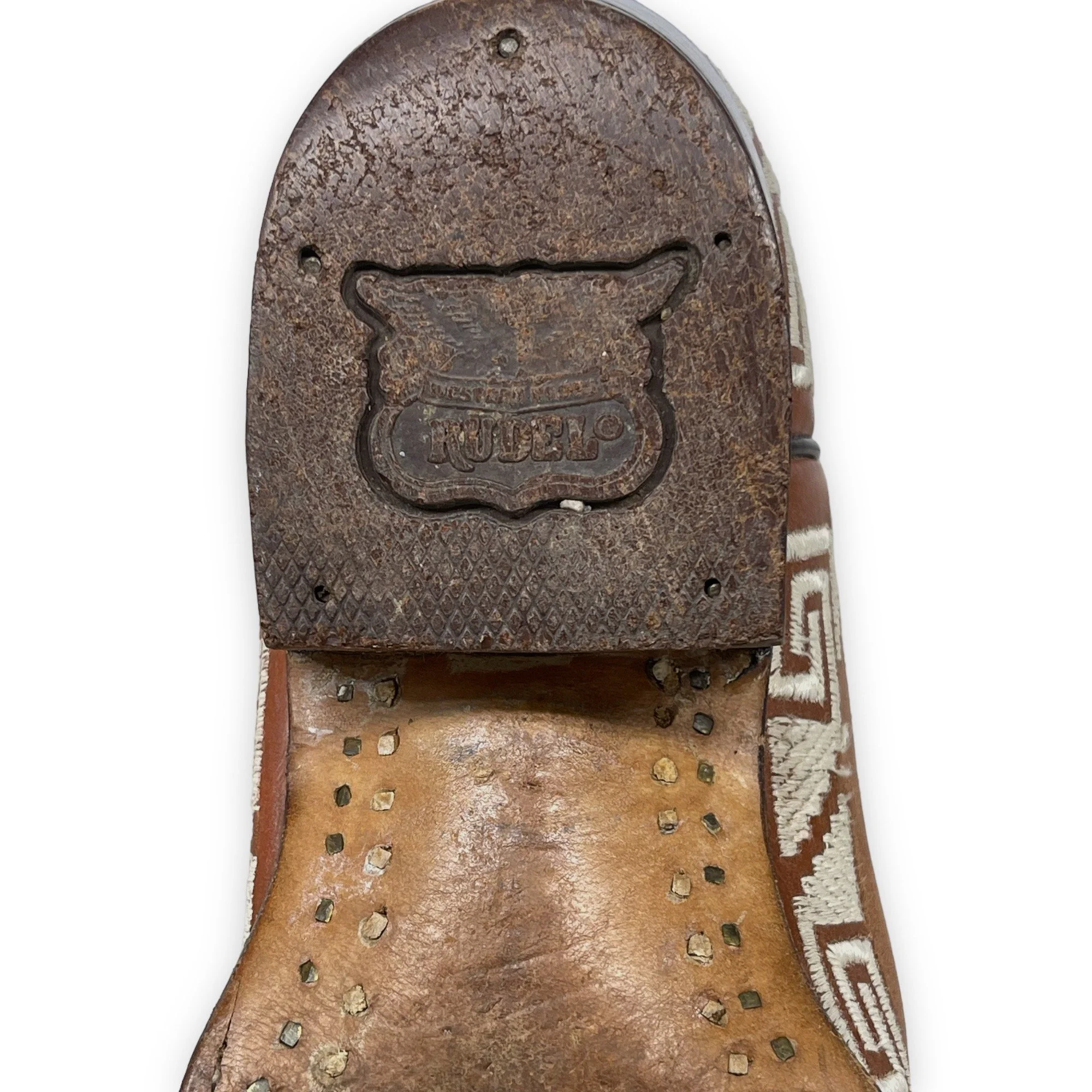 Vintage mens Rudel leather cowboy boots, made in Mexico - brown leather boots with detailed horse embroidery and geometric design on the sides, classic western style, collectible mens footwear.