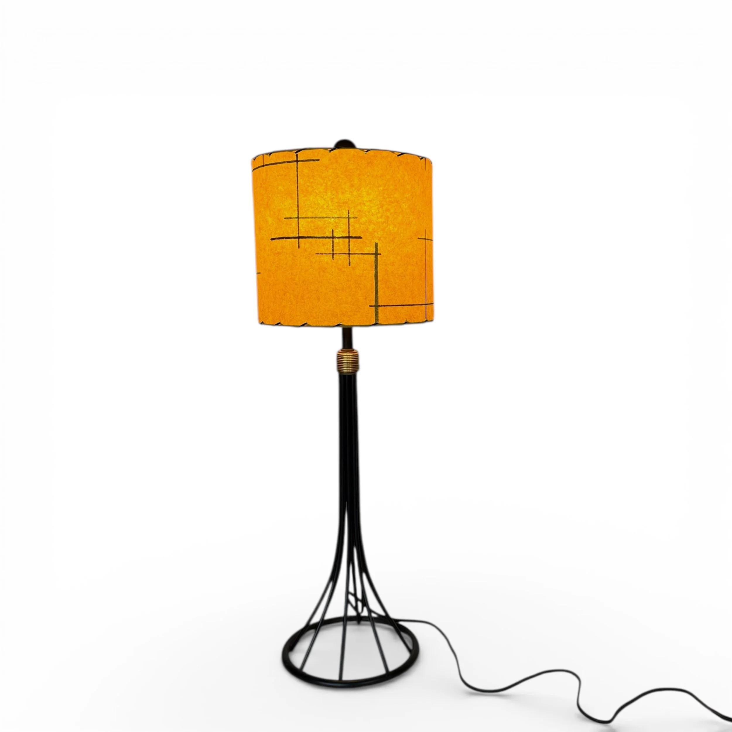 Atomic style black metal table lamp with whipstitched fiberglass shade