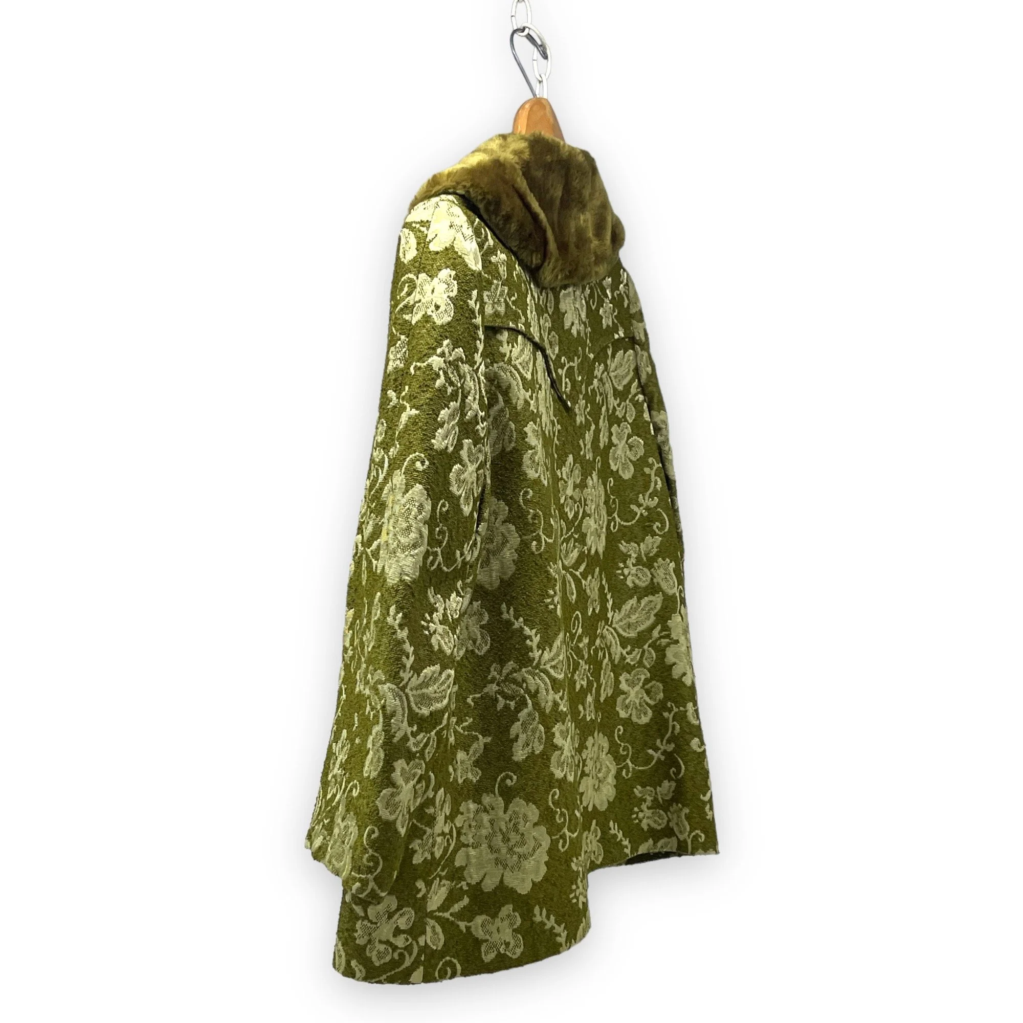 Vintage 1960s women's Westwear jacket in green floral tapestry, classic ranch style with button front closure, fully lined, front pockets, and western yoke detailing.