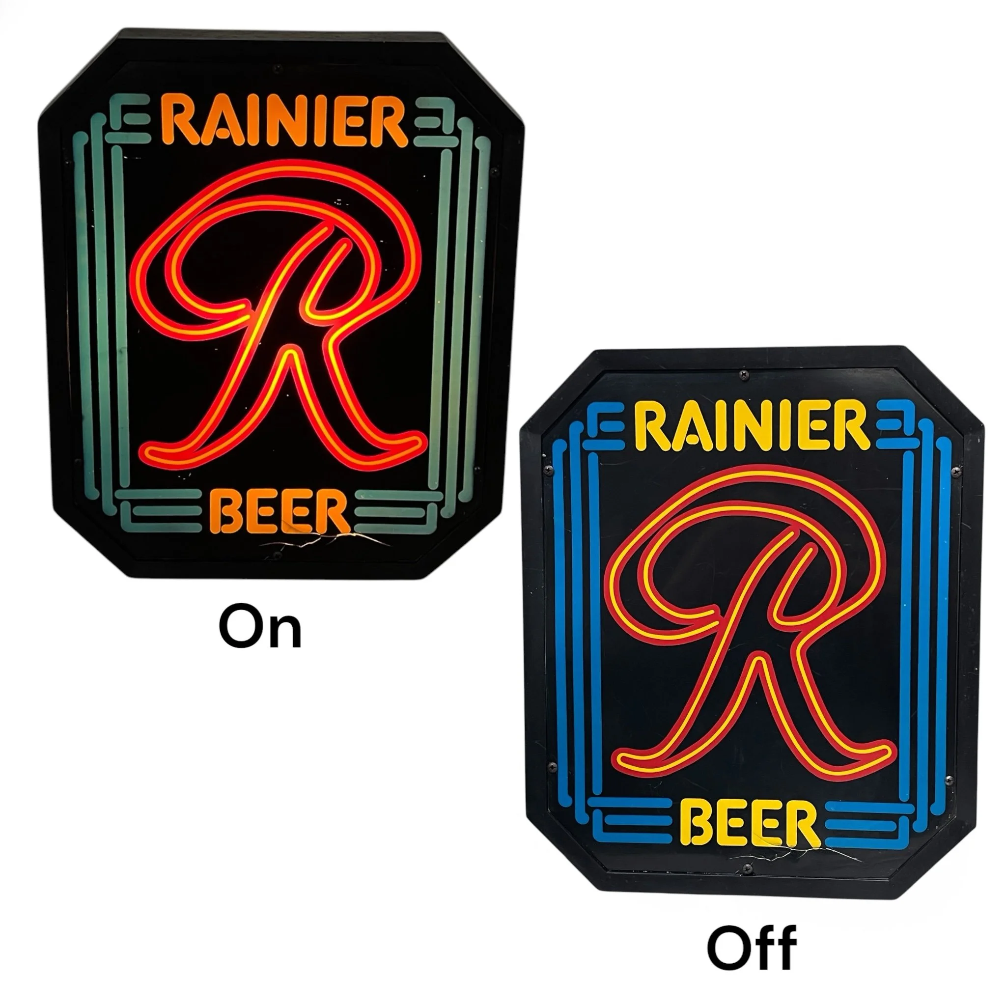 Vintage Rainier Beer octagonal faux neon plastic hanging sign, with retro red, yellow, blue logo, perfect for bar decor, man cave, or beer advertising collectors.