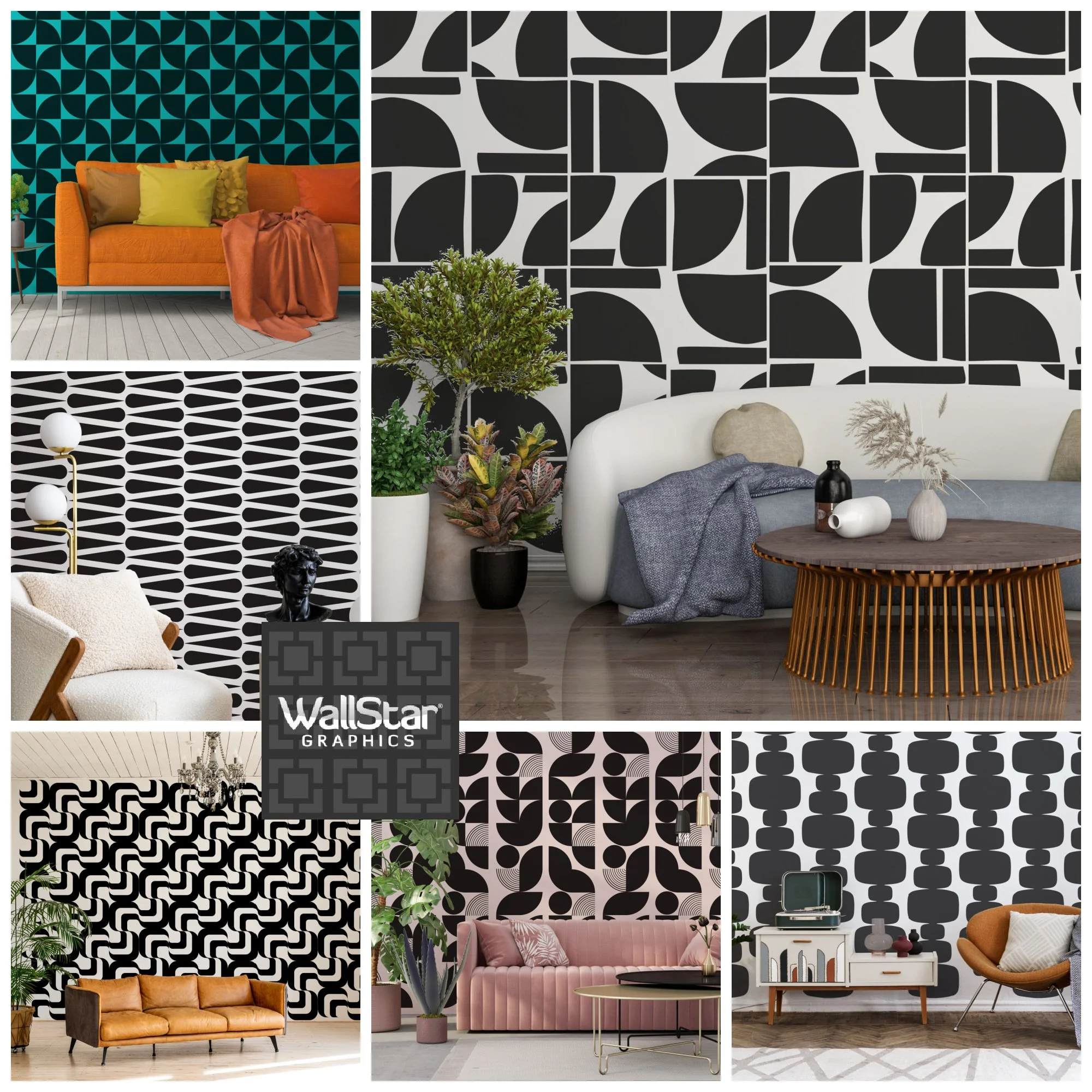 A collage of bold, abstract removable vinyl wall decals by Wall Star Graphics, perfect for maximalist decor and statement walls.