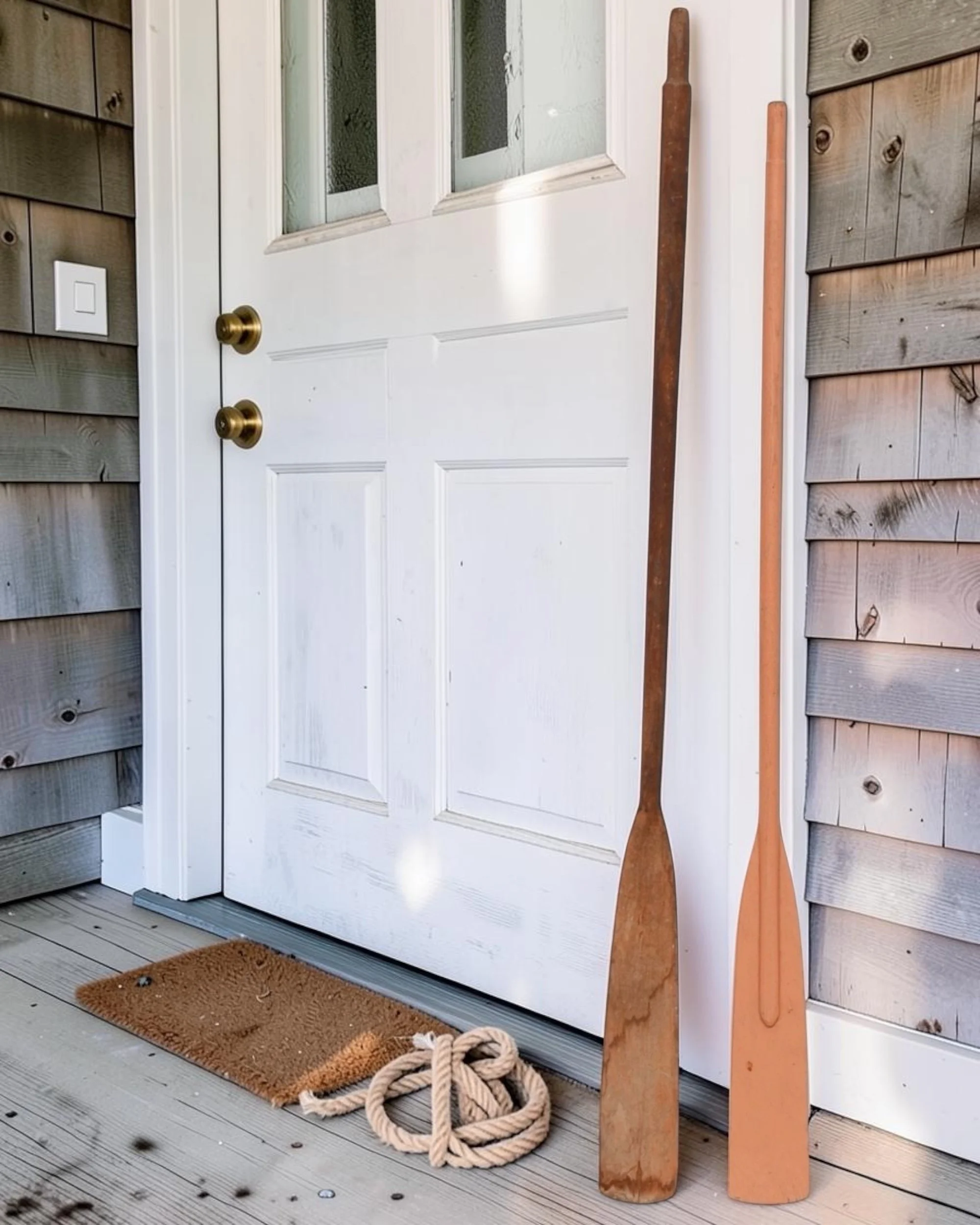 pair of weathered vintage boat oars styled next to front door of coastal cottage for nautical decor