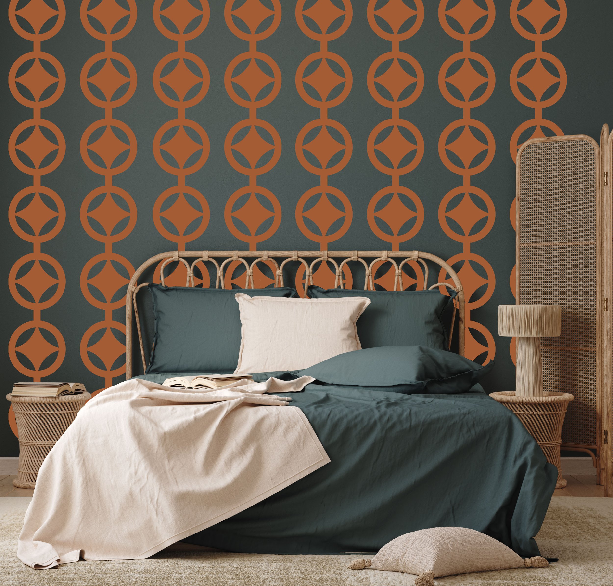 Mid century style vinyl wall decals with a circle and atomic star pattern in nut brown by Wall Star Graphics, primary bedroom, boho modern