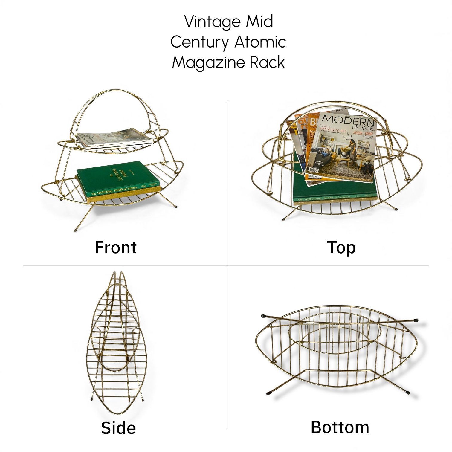 Collage of photos of a vintage mid mod magazine stand, 2 tier in gold metal, featuring front, top, side, and bottom views.