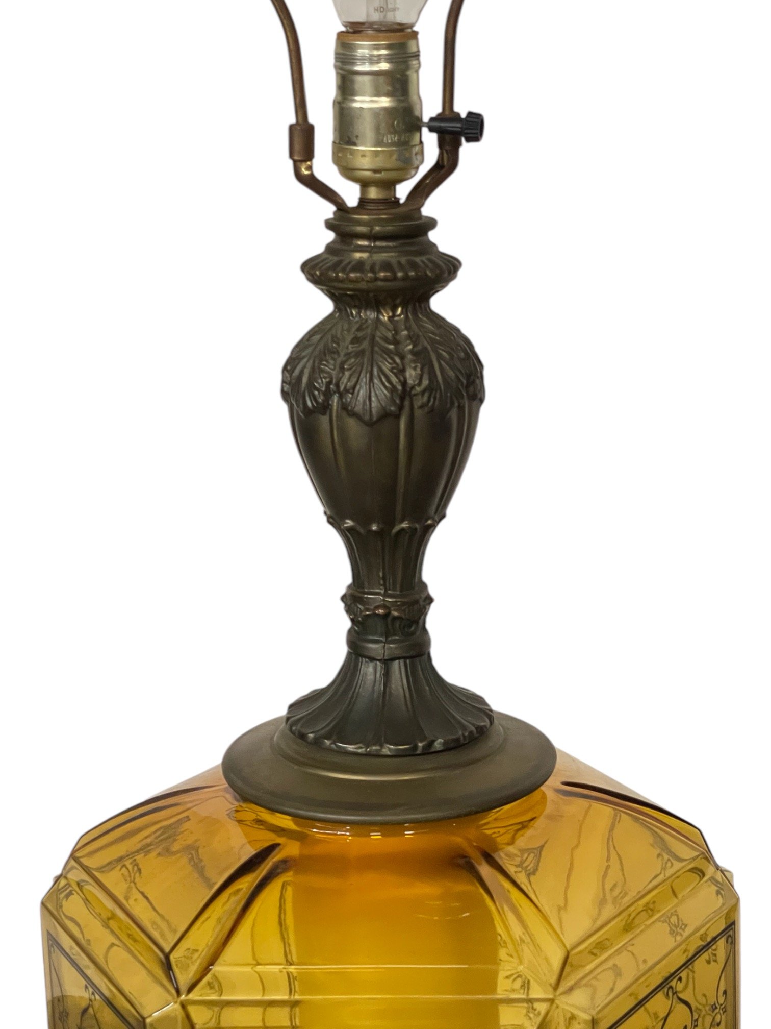 Vintage large mid century table lamp, amber glass with scroll pattern, oversized vintage shade with orange trim.