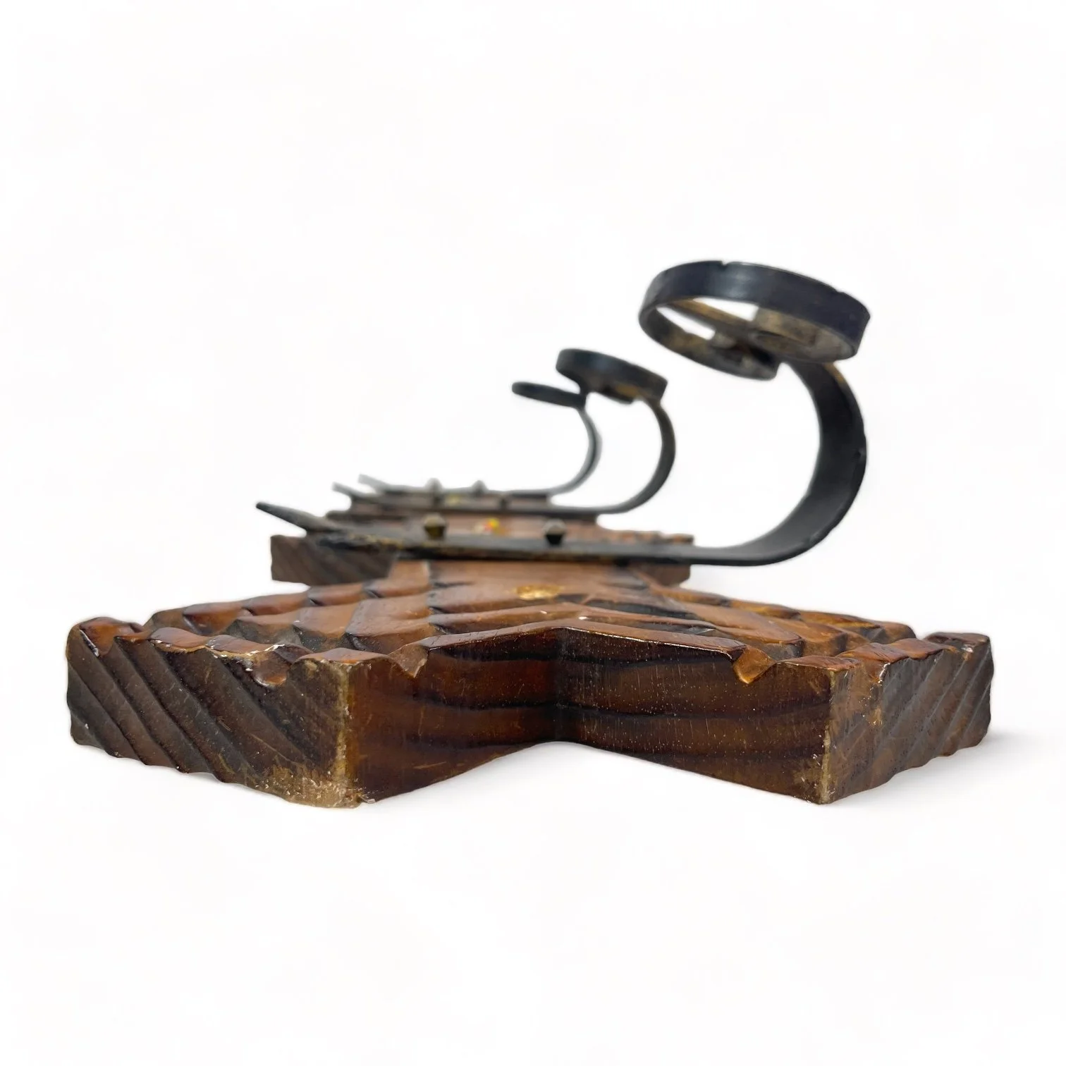 Vintage Spanish Revival style, wood and wrought iron, wall mount coat or towel rack.