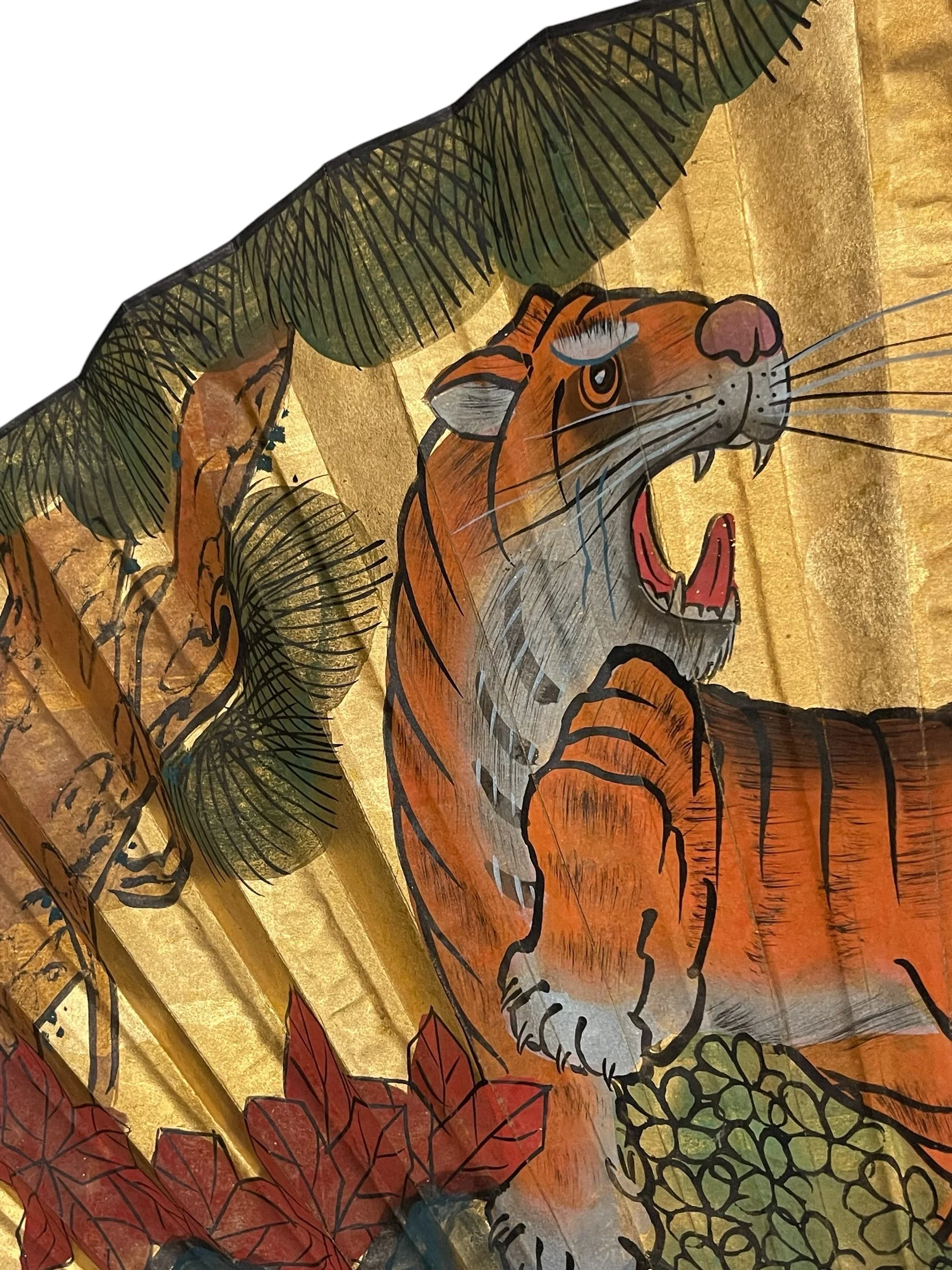 Vintage Extra Large Asian Gold Leaf Folding Fan with hand painted tiger, bamboo, and trees.