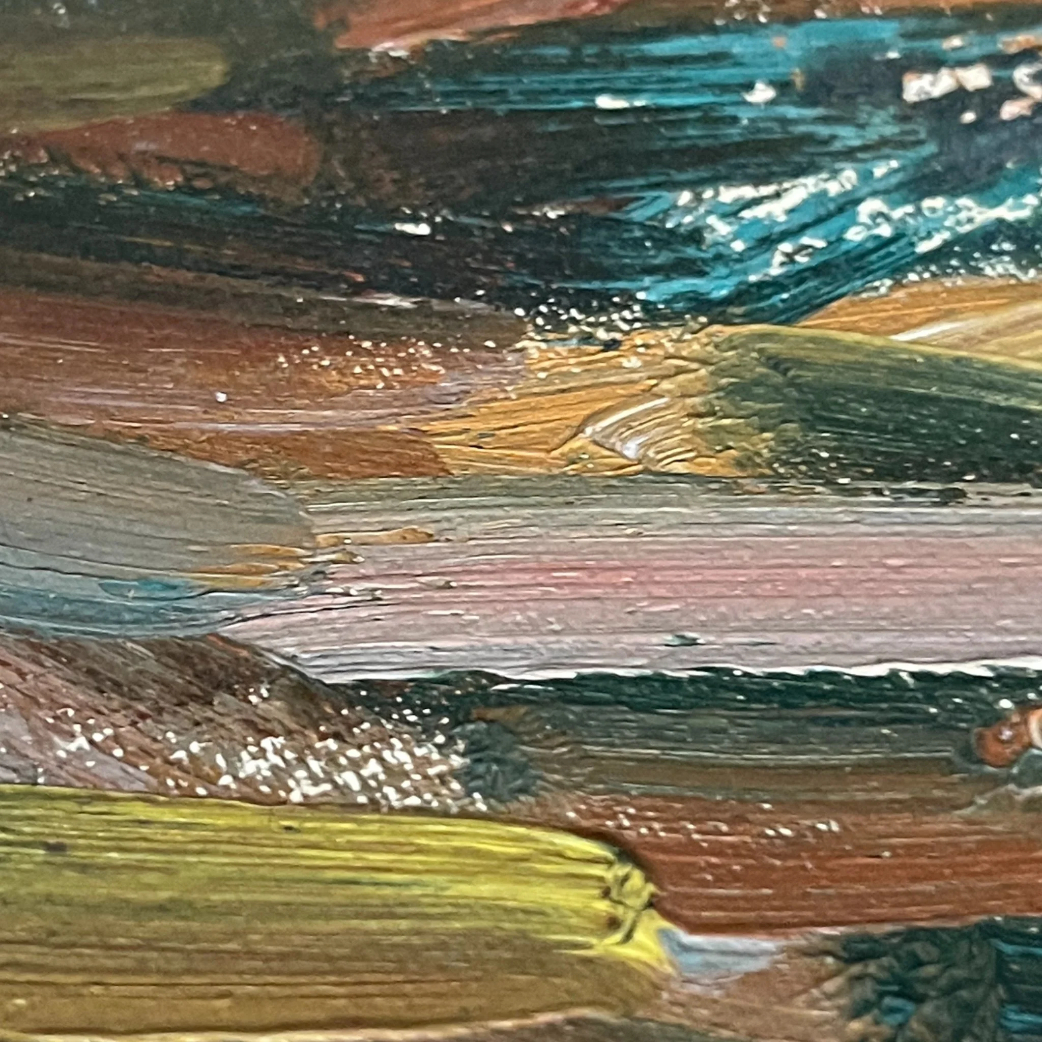 Rare set of 3 vintage mid century paintings on canvas board, featuring still life and impressionist designs. Includes pineapple, mountain landscape, and bottles with visible brushstrokes.