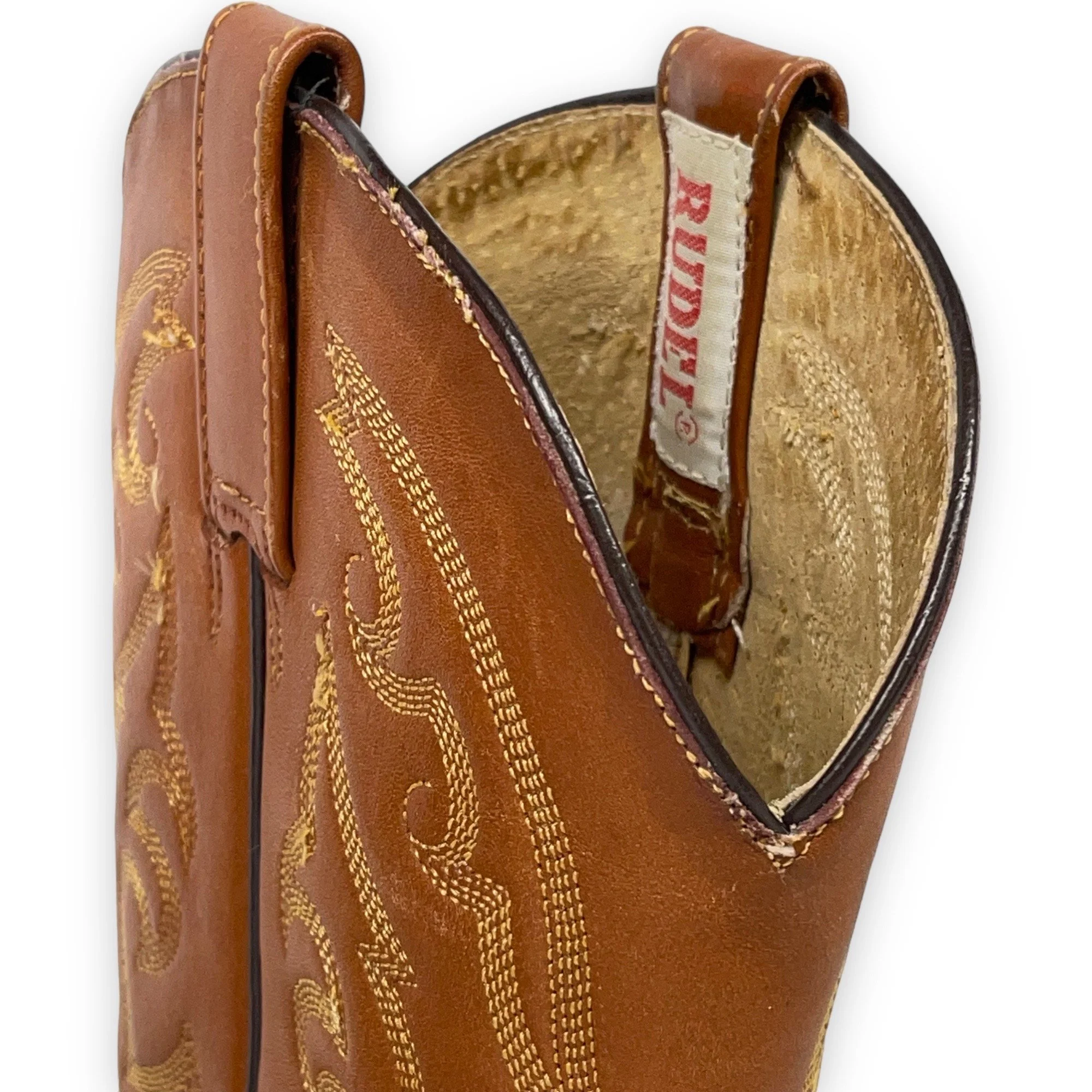 Vintage mens Rudel leather cowboy boots, made in Mexico - brown leather boots with detailed horse embroidery and geometric design on the sides, classic western style, collectible mens footwear.