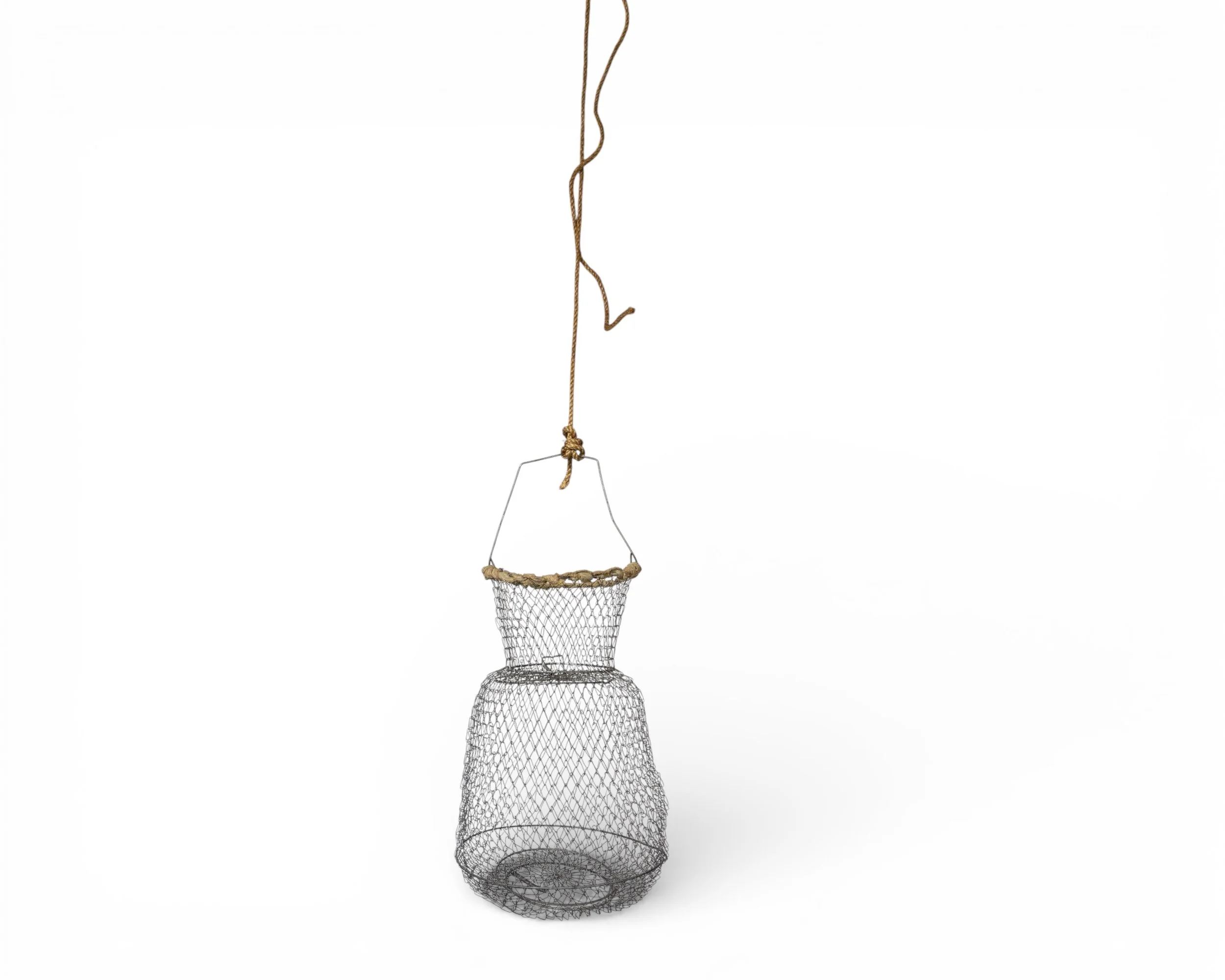 Vintage two-tier metal hanging fish trap with aged patina