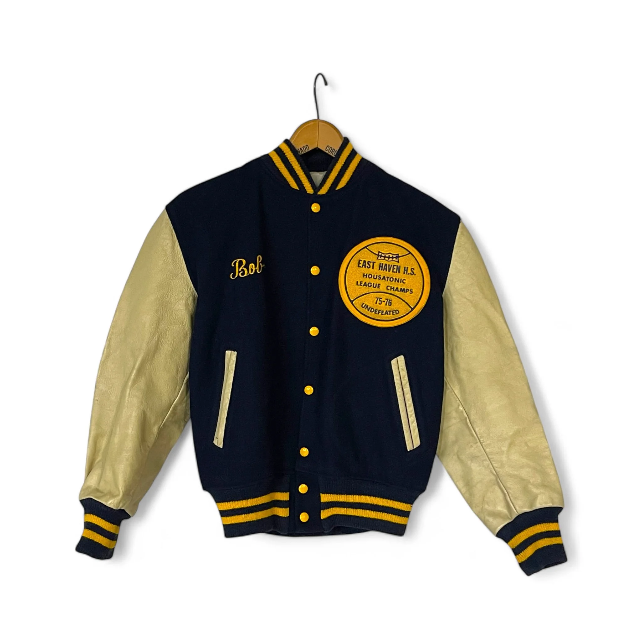 Vintage basketball letterman jacket, personalized, 1970s, blue yellow, leather and wool, East Haven, league champs, Bicentennial.