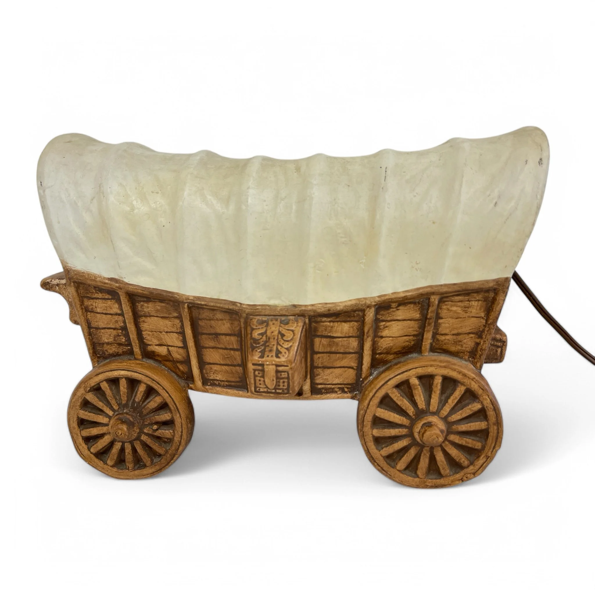 Vintage 1960 Maddux of California covered wagon pottery TV lamp, cowboy themed room night light, Western rustic decor.
