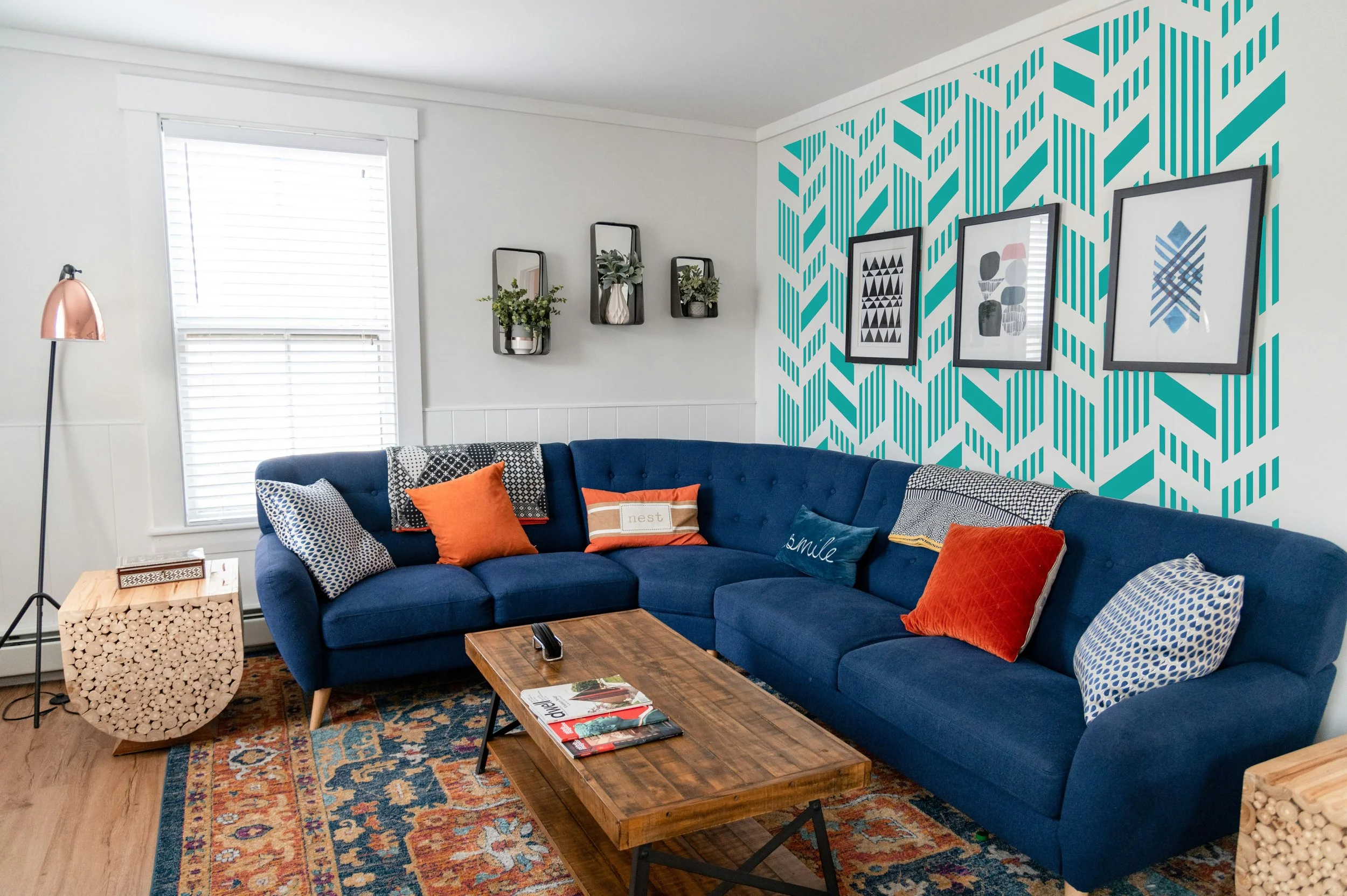 Designer removable wall decal featuring bold repeating geometric pattern ideal for living rooms and home offices.