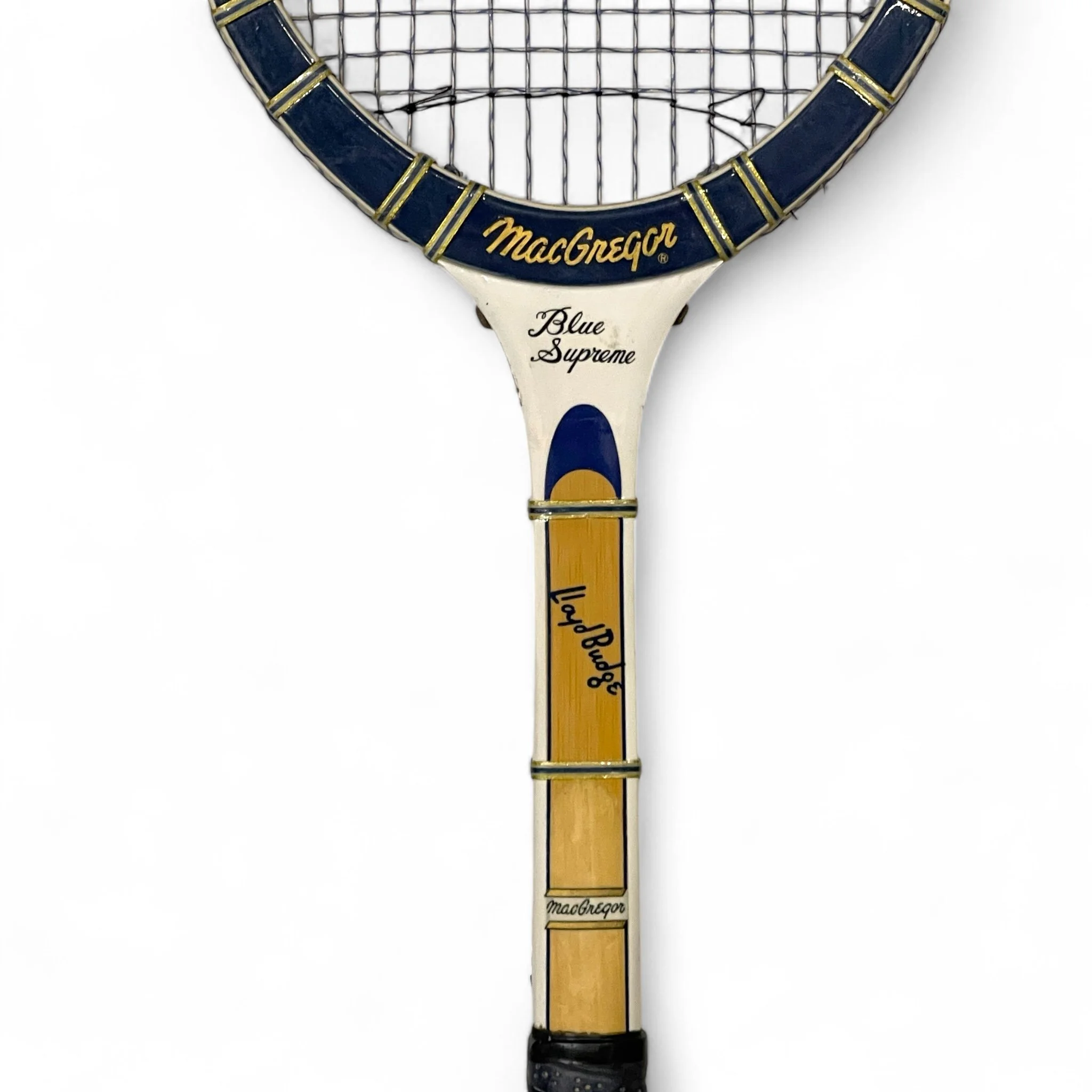 Pair of vintage wooden tennis rackets with wood presses, featuring the Wilson Super Stroke and the MacGregor Blue Supreme Lloyd Budge. Circa 1950s or 60s, perfect for game room decor.