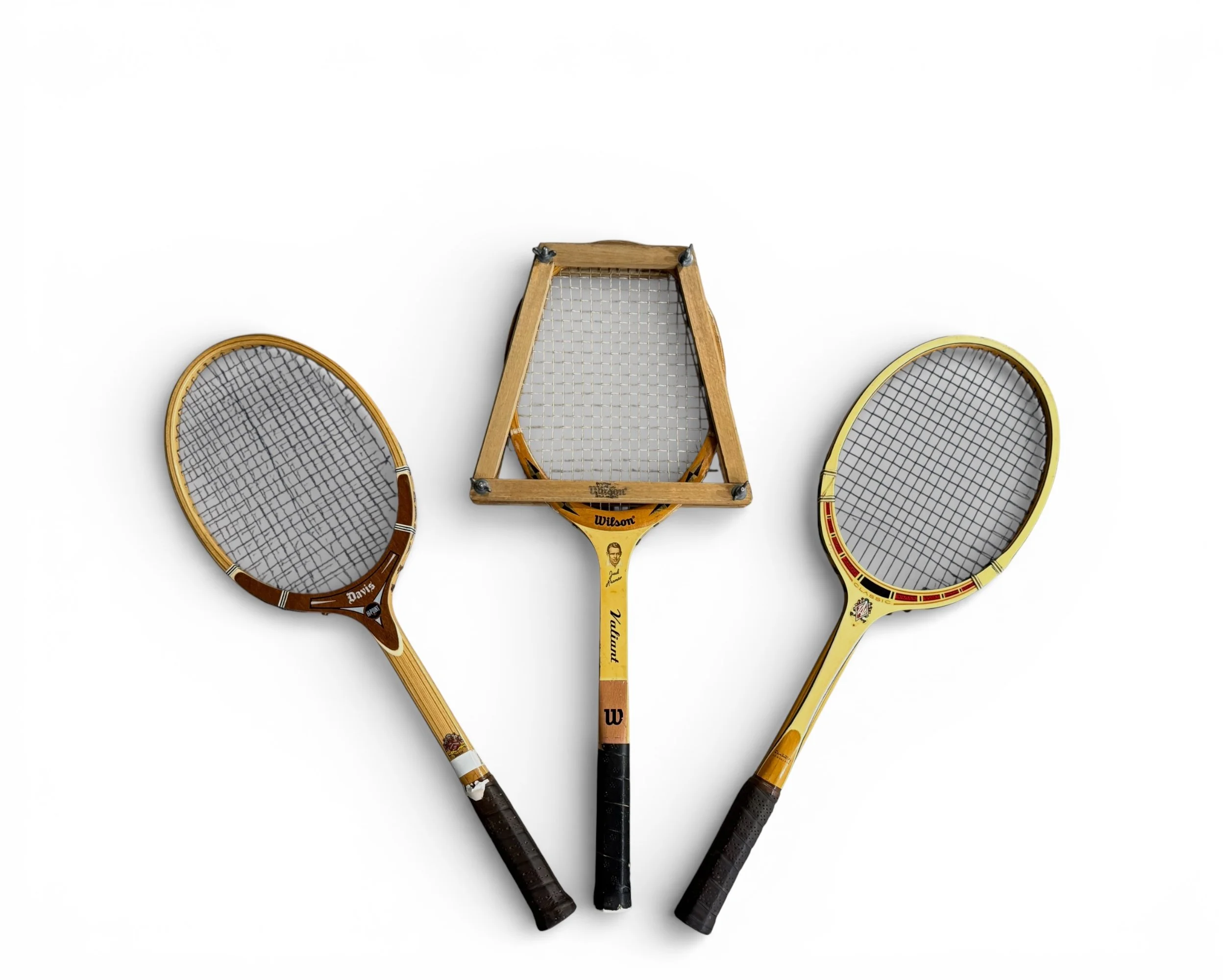 set 3 vintage wooden tennis rackets, Davis Hi-Point, Wilson Jack Kramer Valiant with press, Davis classic - unique sports memorabilia wall art