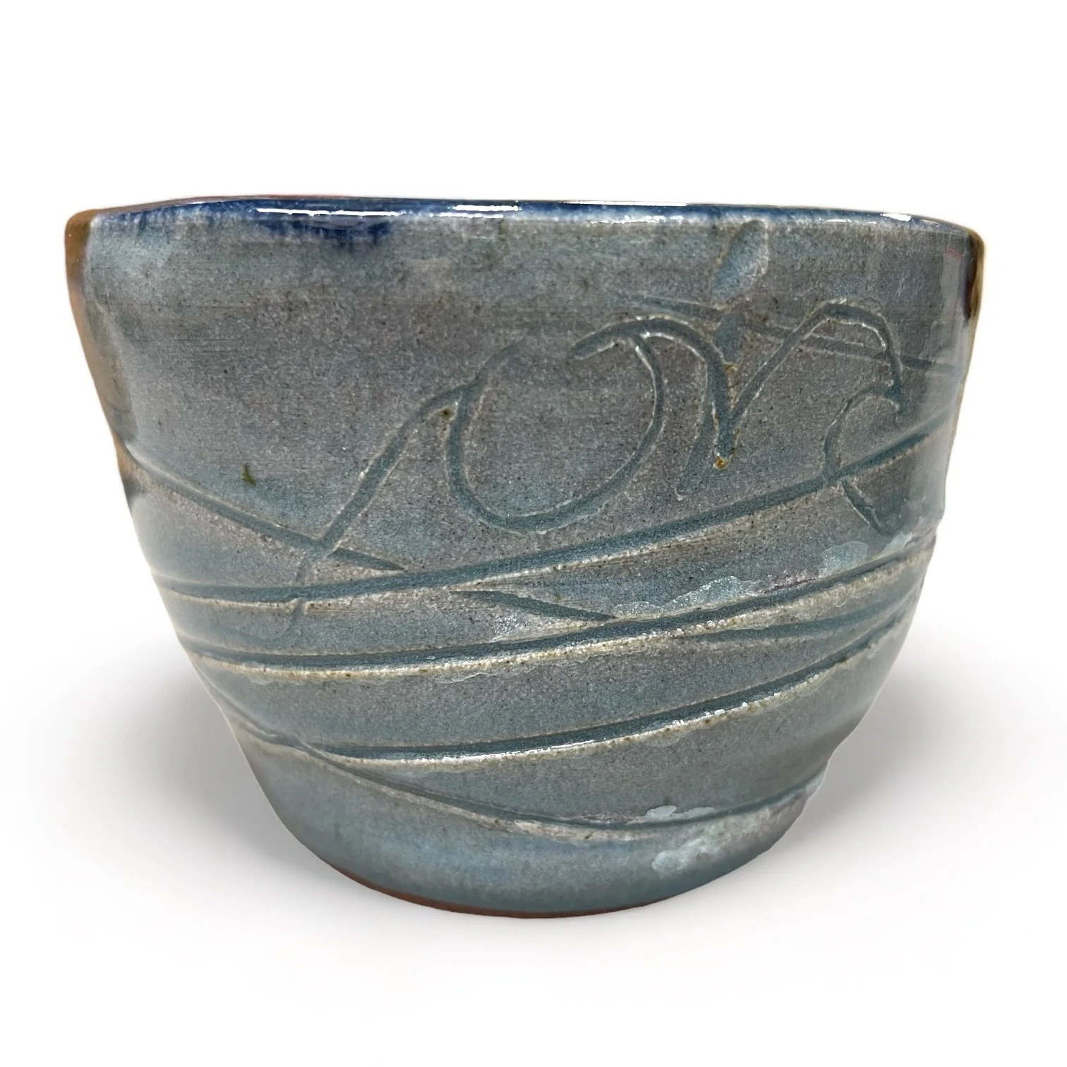 Vintage 7 piece handmade studio pottery collection of vases, bowls, mug in blue, turquoise and brown.