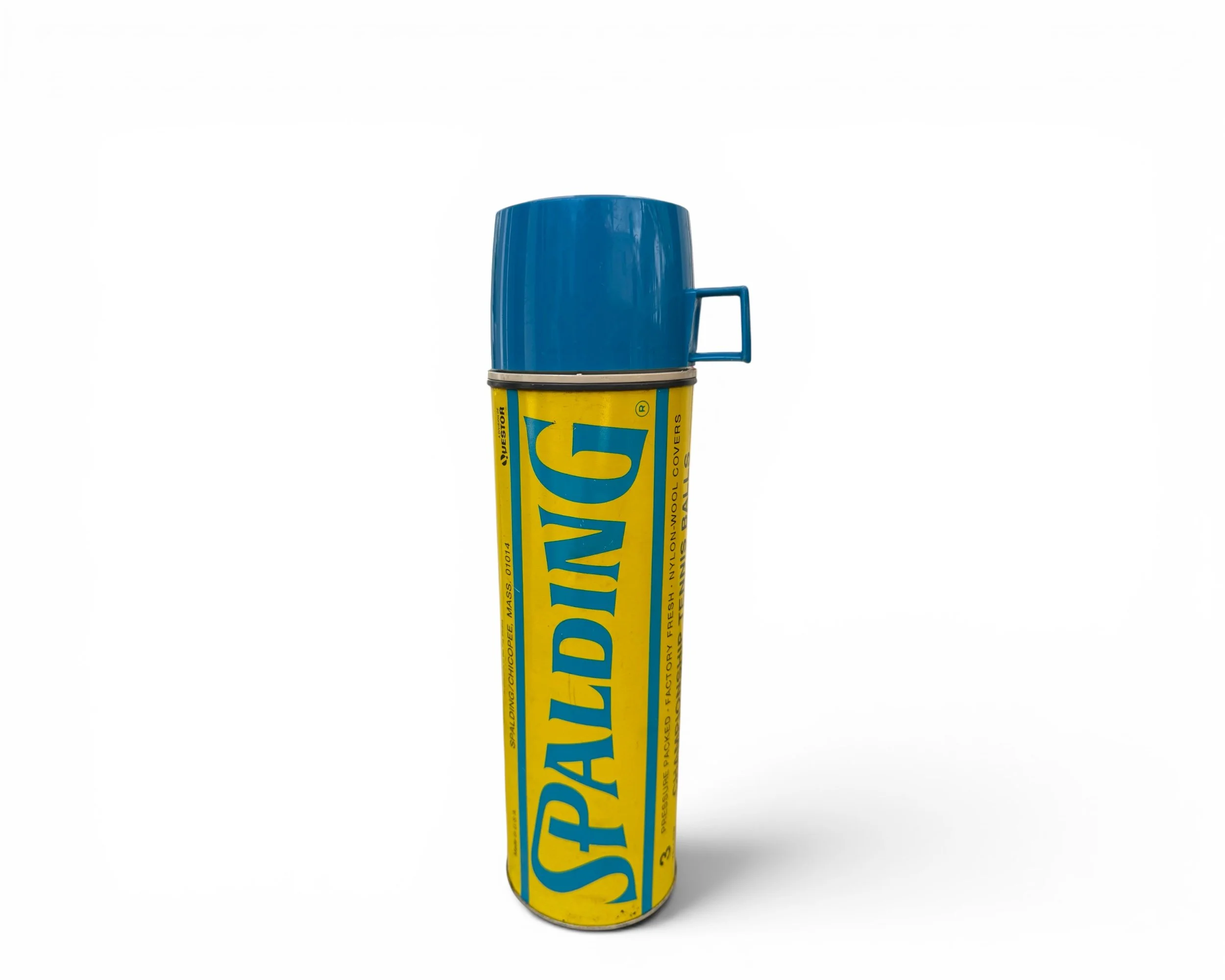 Vintage 1970s Spalding tennis ball thermos with yellow body and turquoise blue cup and graphics