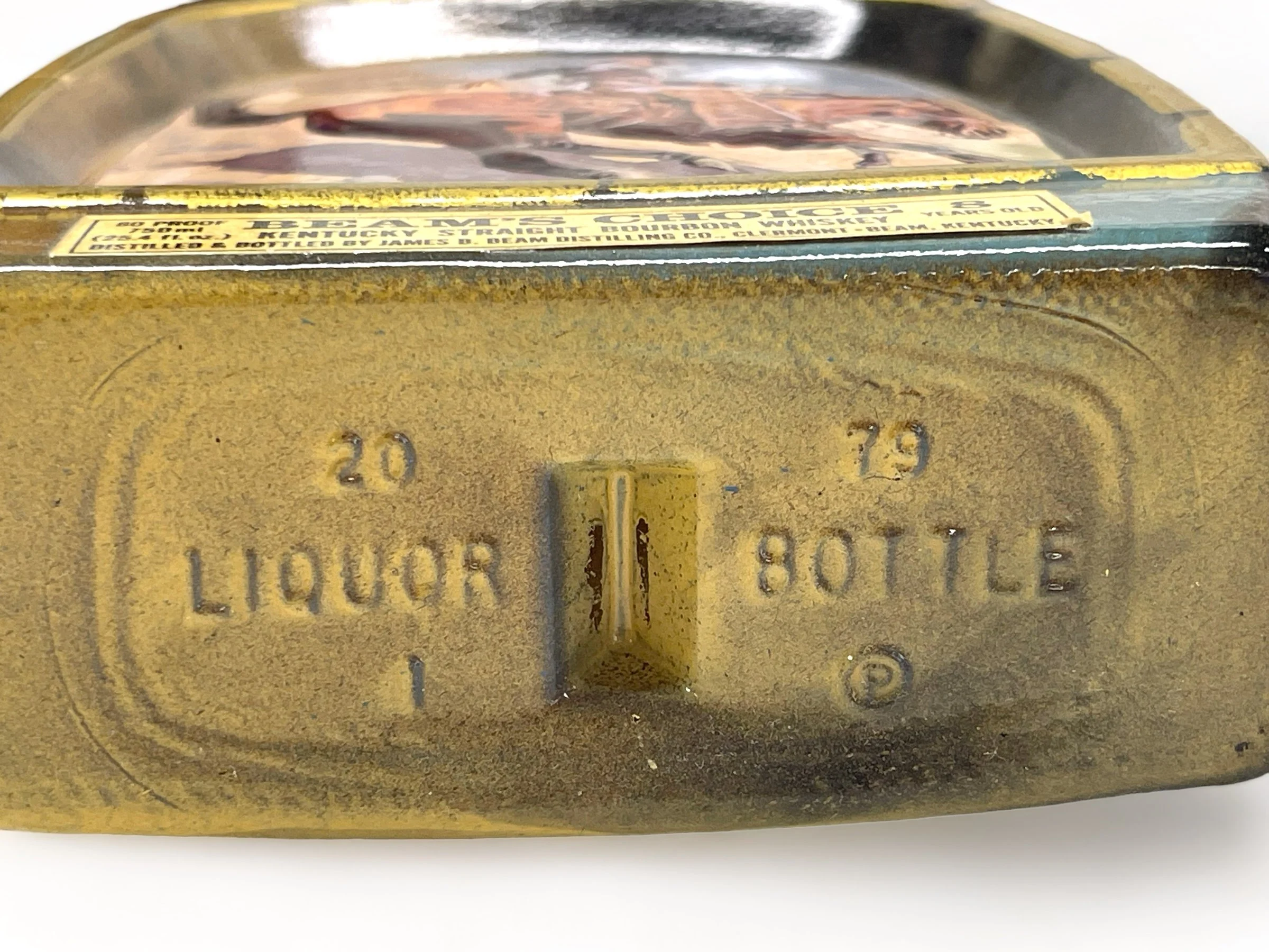 Vintage pair of glass 1970s Jim Beam Choice liquor bottles, featuring the cowboy and the Indian trapper. Perfect home bar decor.