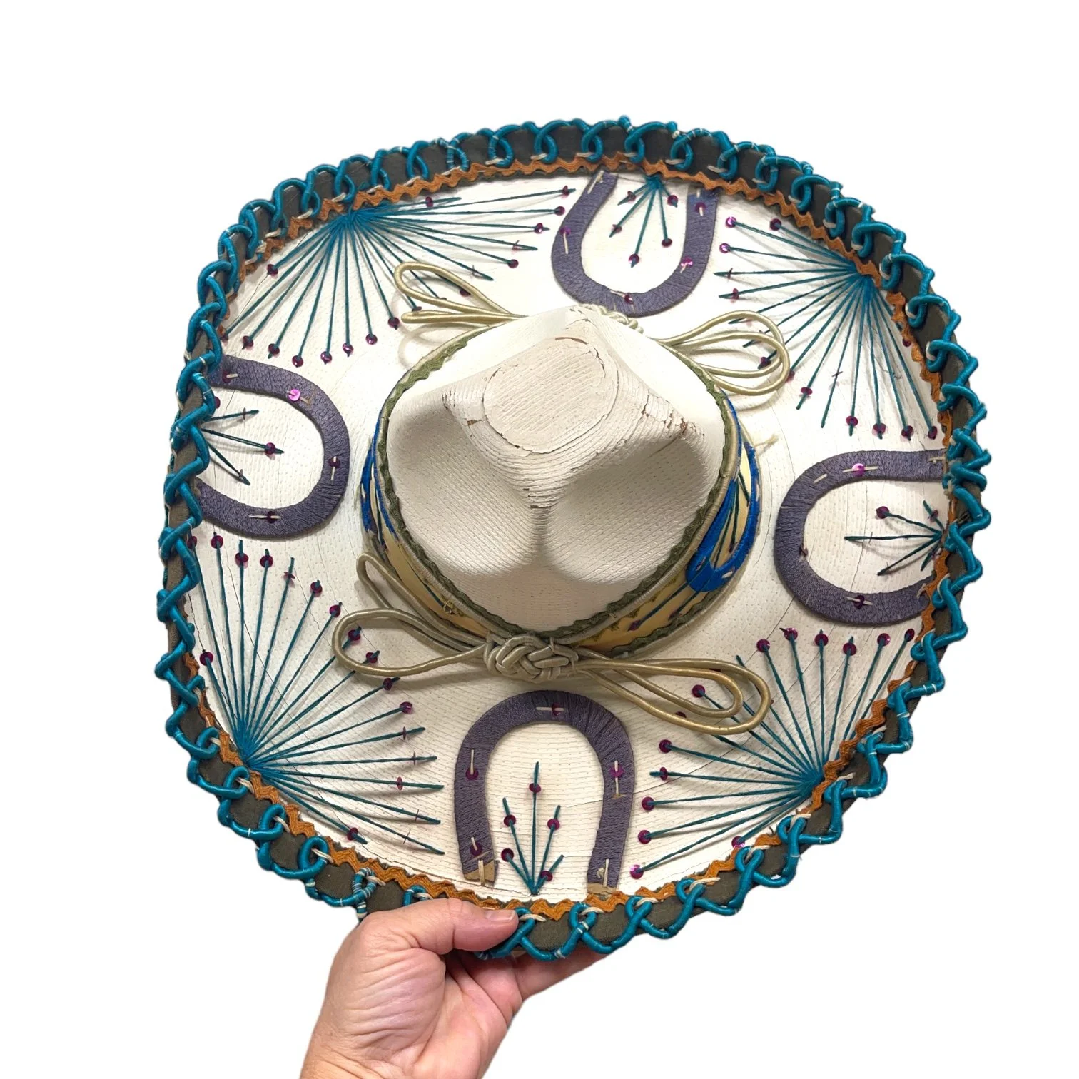 Vintage Authentic Mexican Mariachi Sombrero - high crowned with sequins and horseshoes.