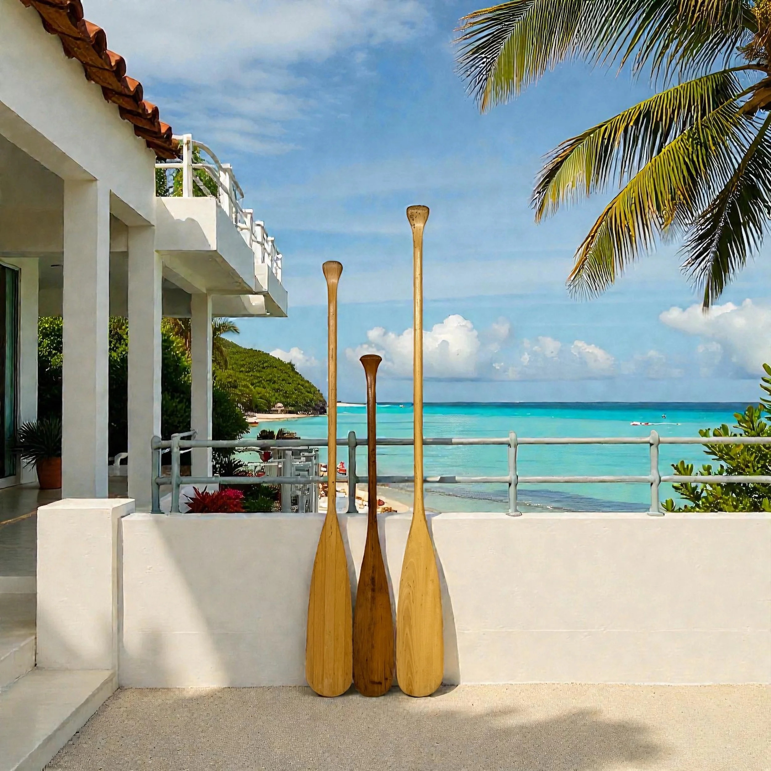 set of 3 vintage wooden boat oars styled against a concrete wall at a modern beach house with a view of palm trees and a body of water in the background