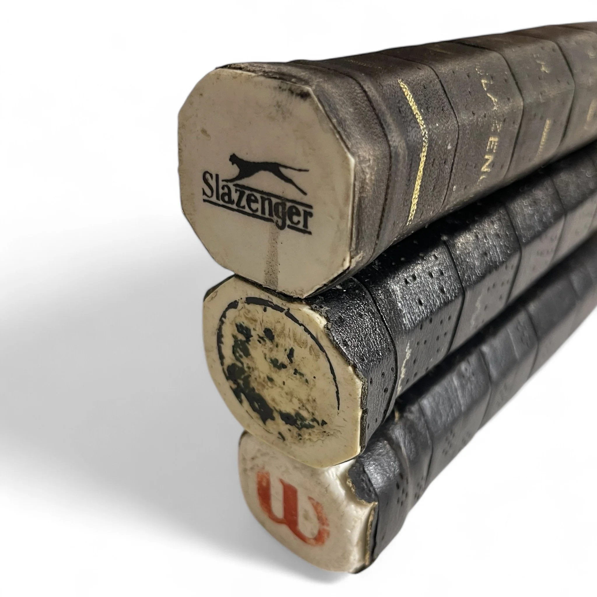 Set of 3 vintage wooden tennis rackets. Set includes MacGregor Speedwood, Slazenger Panther, Wilson Sport. Unique game room wall decor.