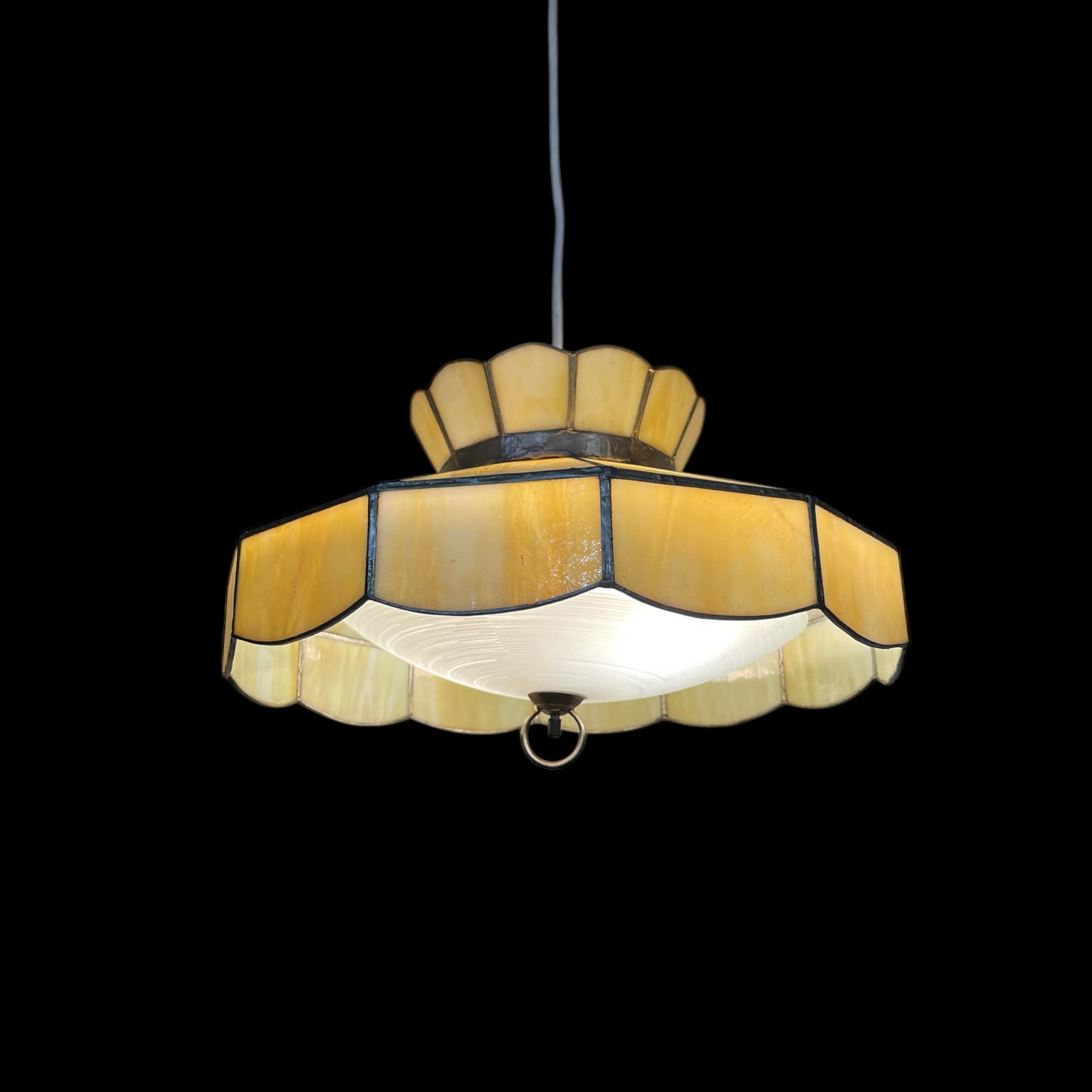 Vintage yellow and white slag glass retro hanging light, perfect for kitchen or dining room.