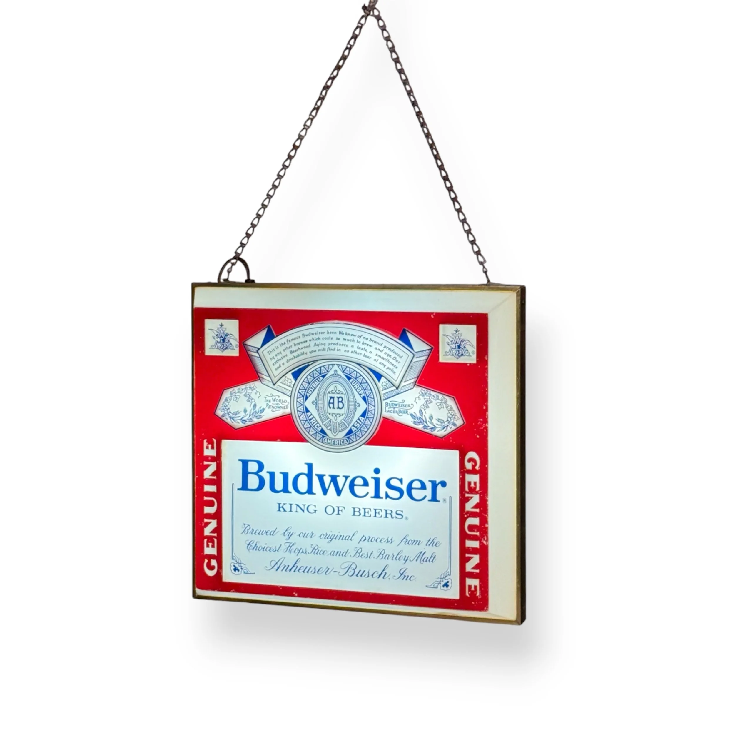Close up of Budweiser 3D bar sign with chain, showcasing the iconic logo and beer slogan