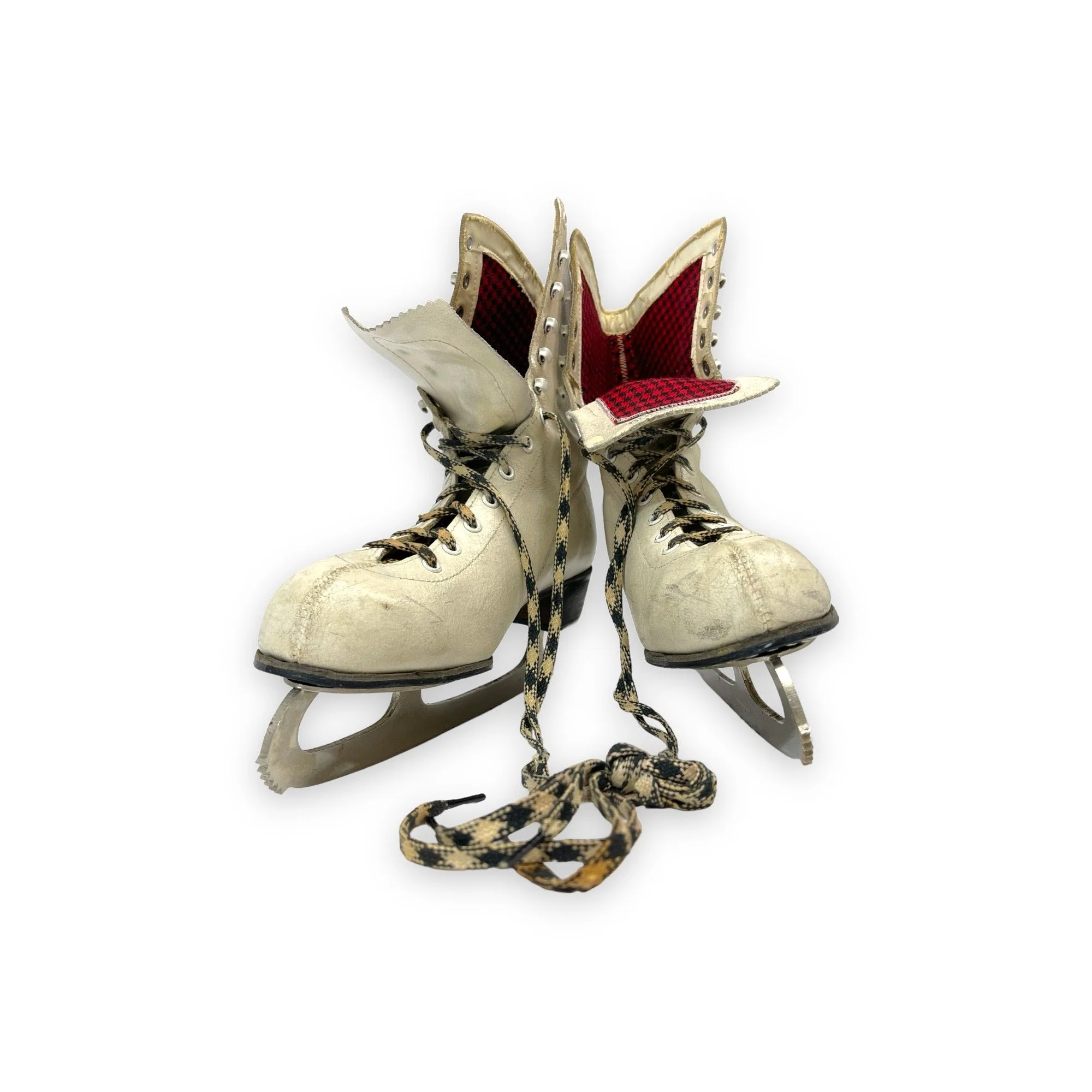 Vintage Sears ladies ice skates, white with black and red buffalo plaid interior and houndstooth shoelaces, perfect winter cabin or ski lodge decor