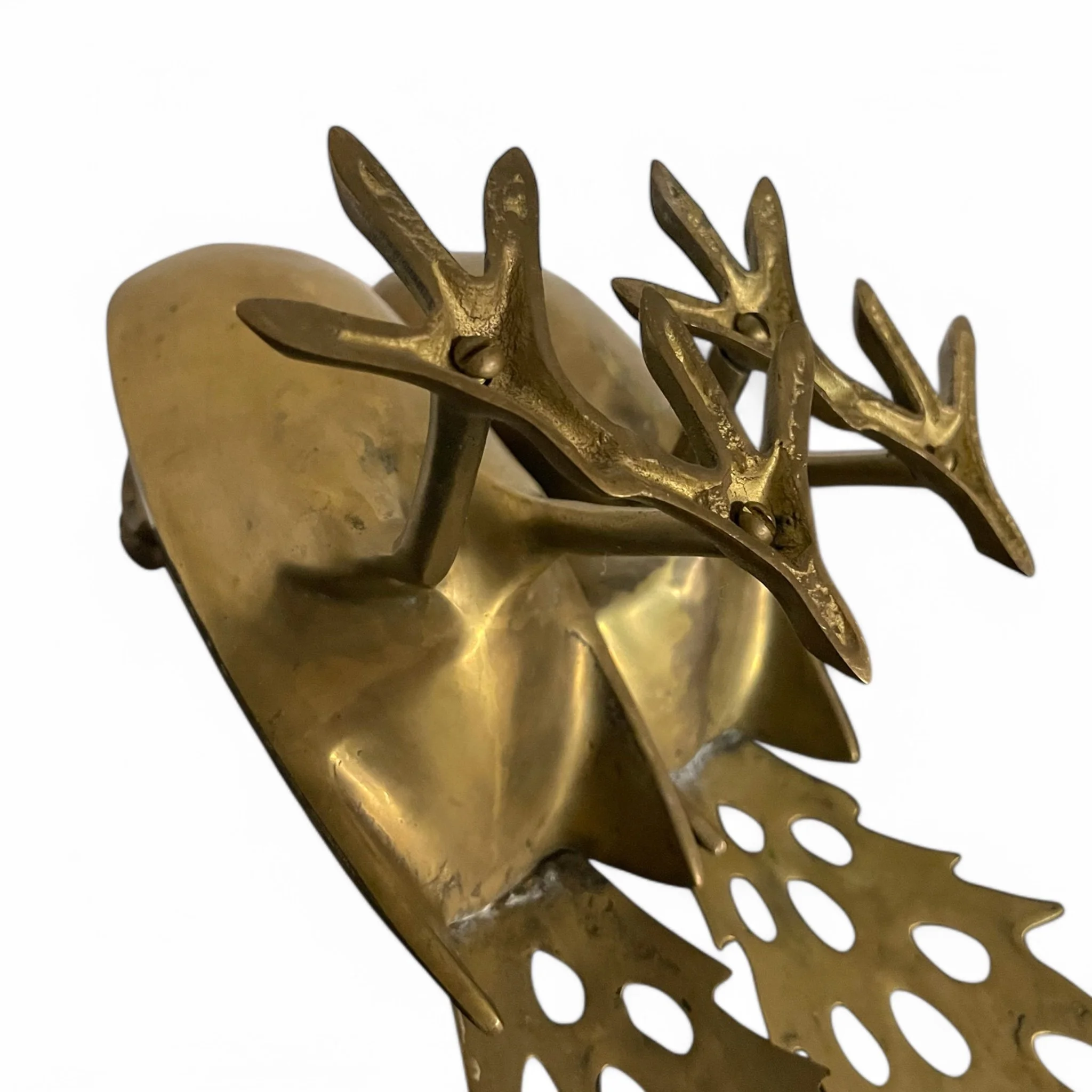 A pair of large vintage brass peacocks, male and female each 20 inches long suitable for living room tabletop or bedroom dresser decor.