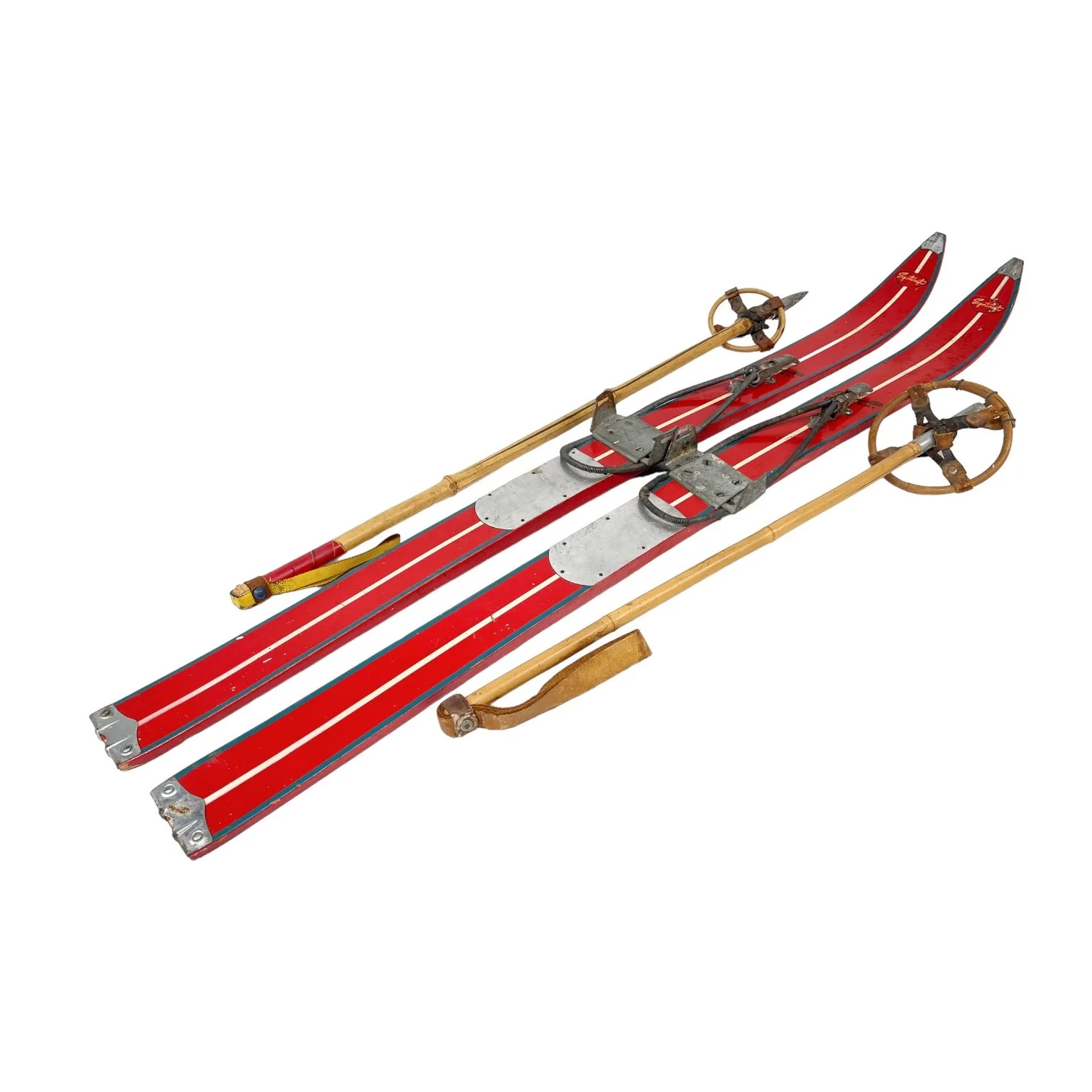 Pair of vintage 1960s kids wooden snow skis with bamboo poles by Snowcraft