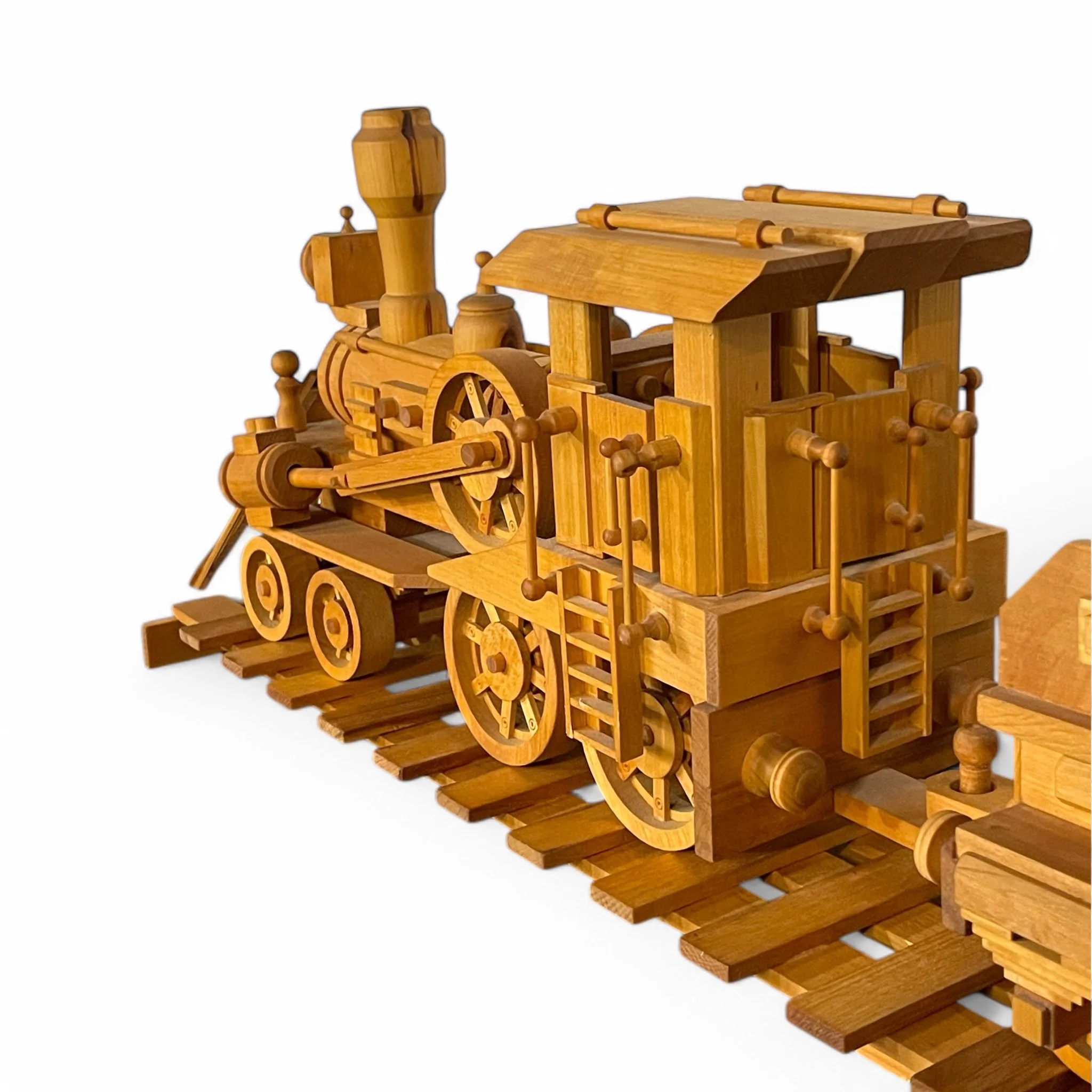 Vintage handcrafted solid wood locomotive train and tender car with moveable parts, includes wooden railroad tracks, measuring 40 inches long x 12 1/4 inches tall - classic collectible railway set.