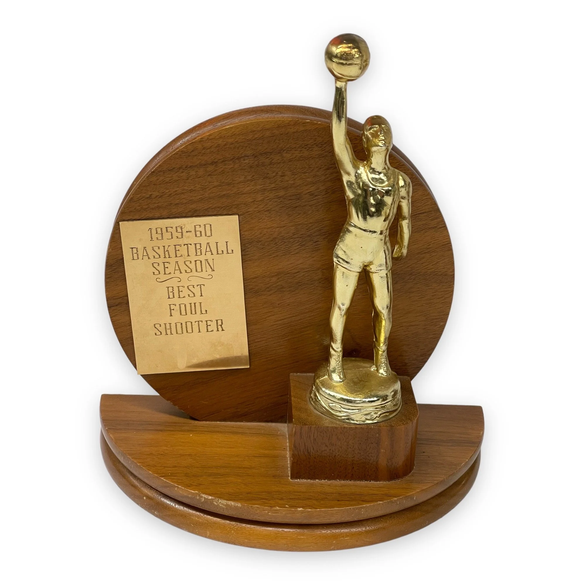 Vintage set of 3 trophies in mid century modern designs. Trophies are from the 50s and 60s and are made of wood with gold metal engraved plates.