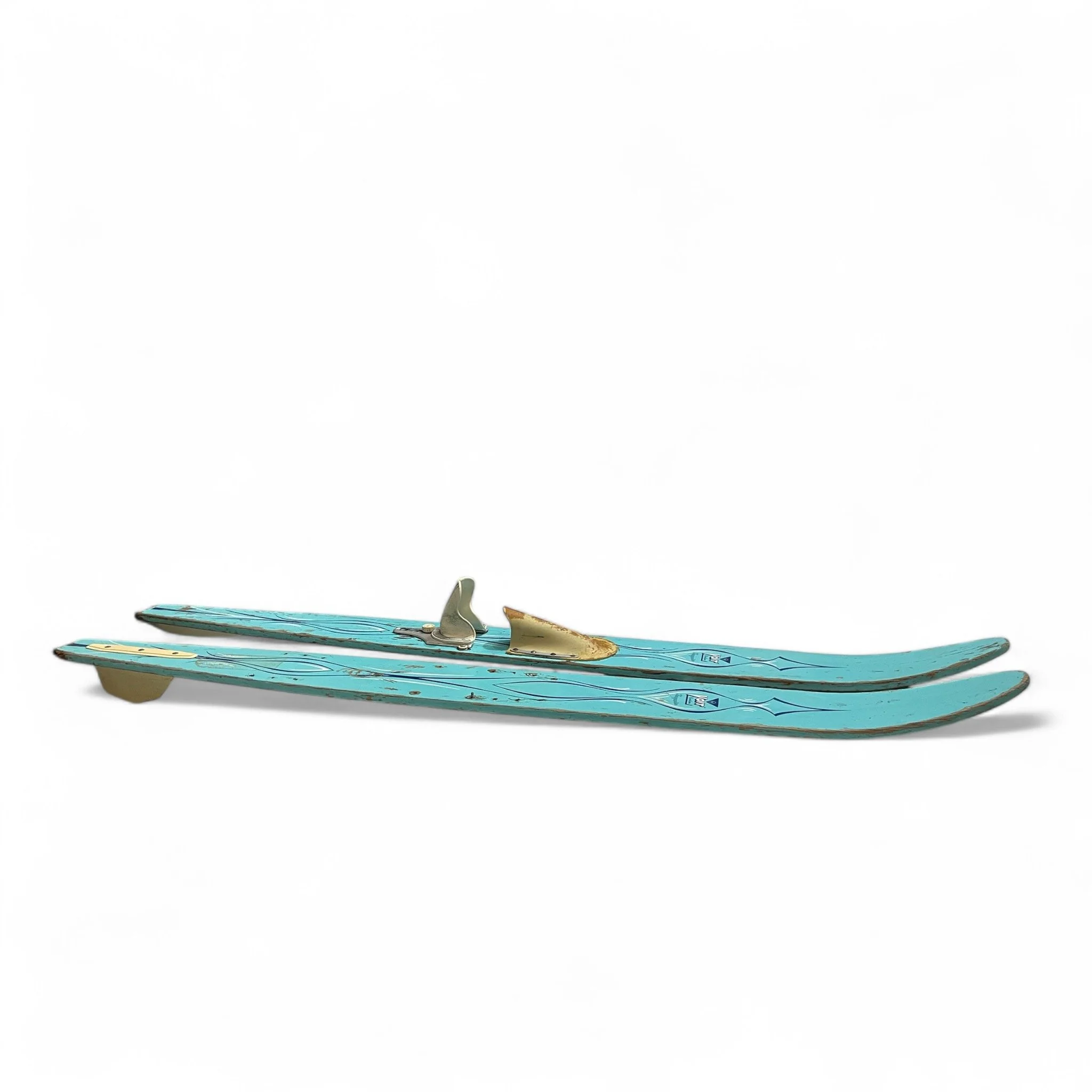 Vintage pair of Amf Voit Custom Turquoise wooden waterskis, well weathered, perfect for beach house or nautical decor.