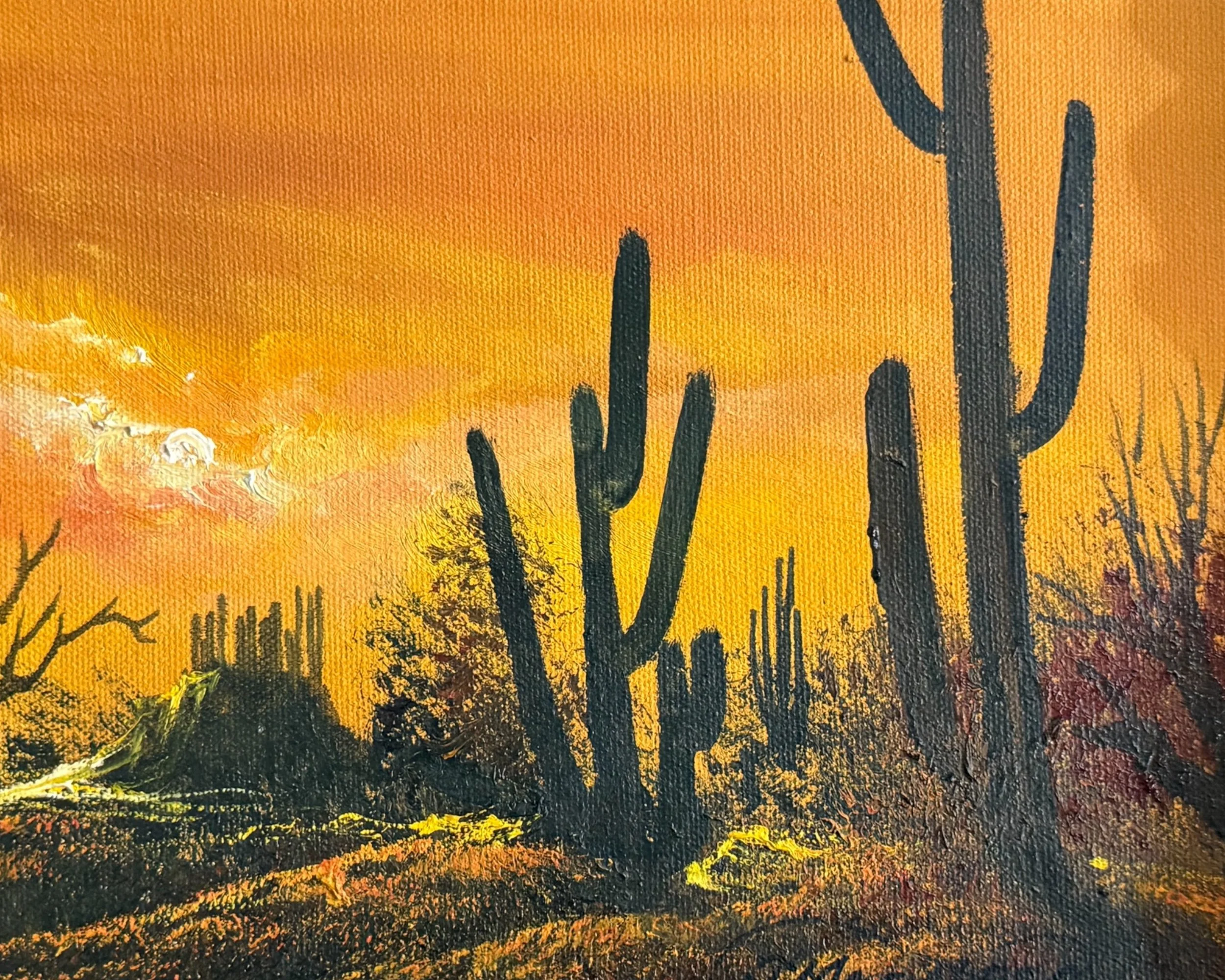 Close up of desert cactus painting brushwork and warm sunset tones