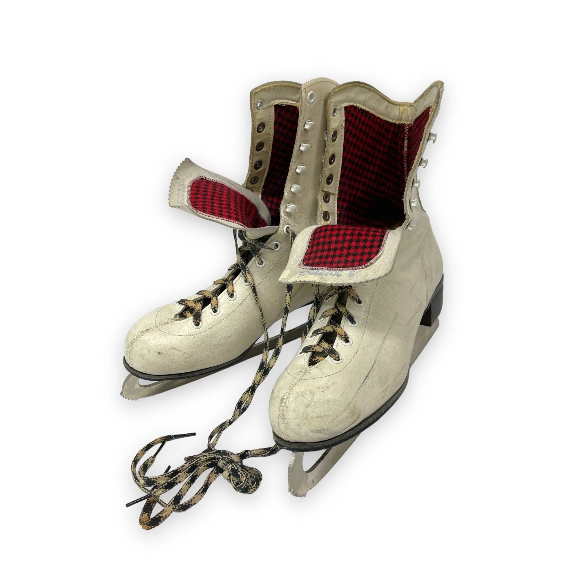 Vintage Sears ladies ice skates, white with black and red buffalo plaid interior and houndstooth shoelaces, perfect winter cabin or ski lodge decor