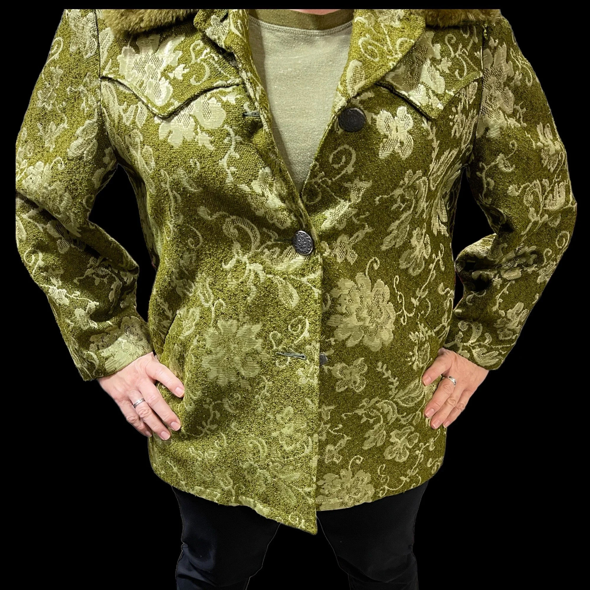 Vintage 1960s women's Westwear jacket in green floral tapestry, classic ranch style with button front closure, fully lined, front pockets, and western yoke detailing.